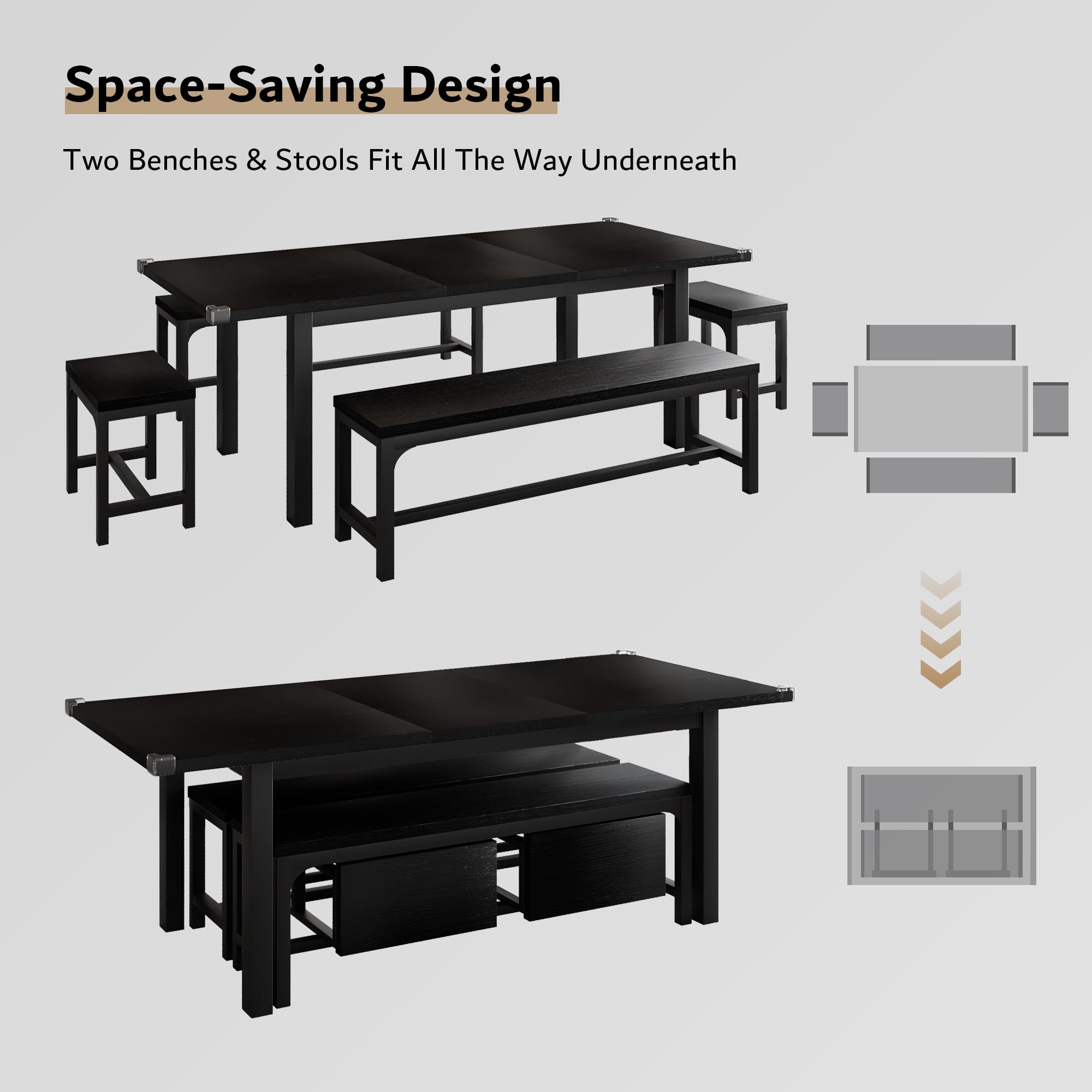 iPormis 5-Piece Extendable Dining Table Set for 4-8 People - Mid-Century Modern Kitchen Table with 2 Benches & 2 Stools, Space-Saving Black MDF Board & Metal Frame - Perfect for Small Apartments, Breakfast Nooks, and Family Gatherings
