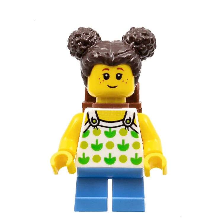 LEGO Minifigure Girl with White Halter Top, Dark Brown Hair Buns & Backpack - Perfect for School, Playtime & City Adventures