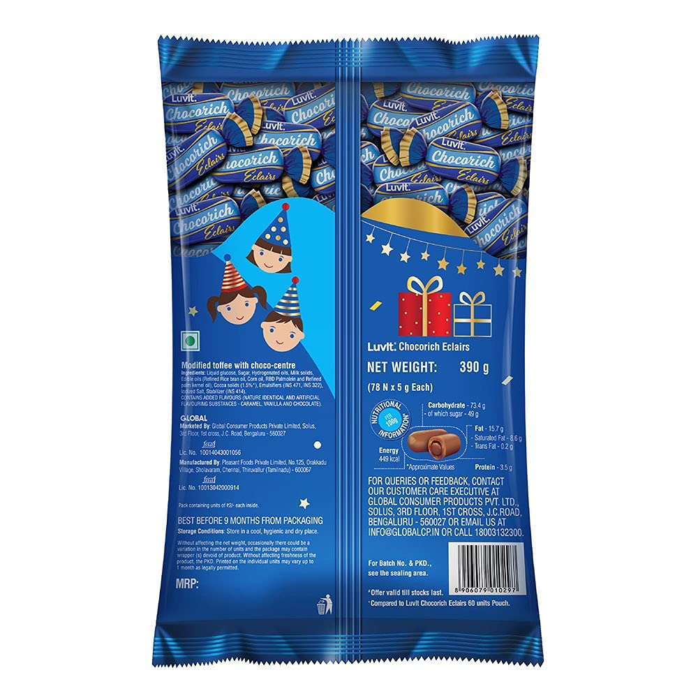 LuvIt Chocorich Classic Eclairs Chocolate - 78 Piece Birthday Party Pack (390g) | Bulk Chocolate Candies for Parties, Gifts & Celebrations | Perfect for Halloween, Christmas & Easter Treats