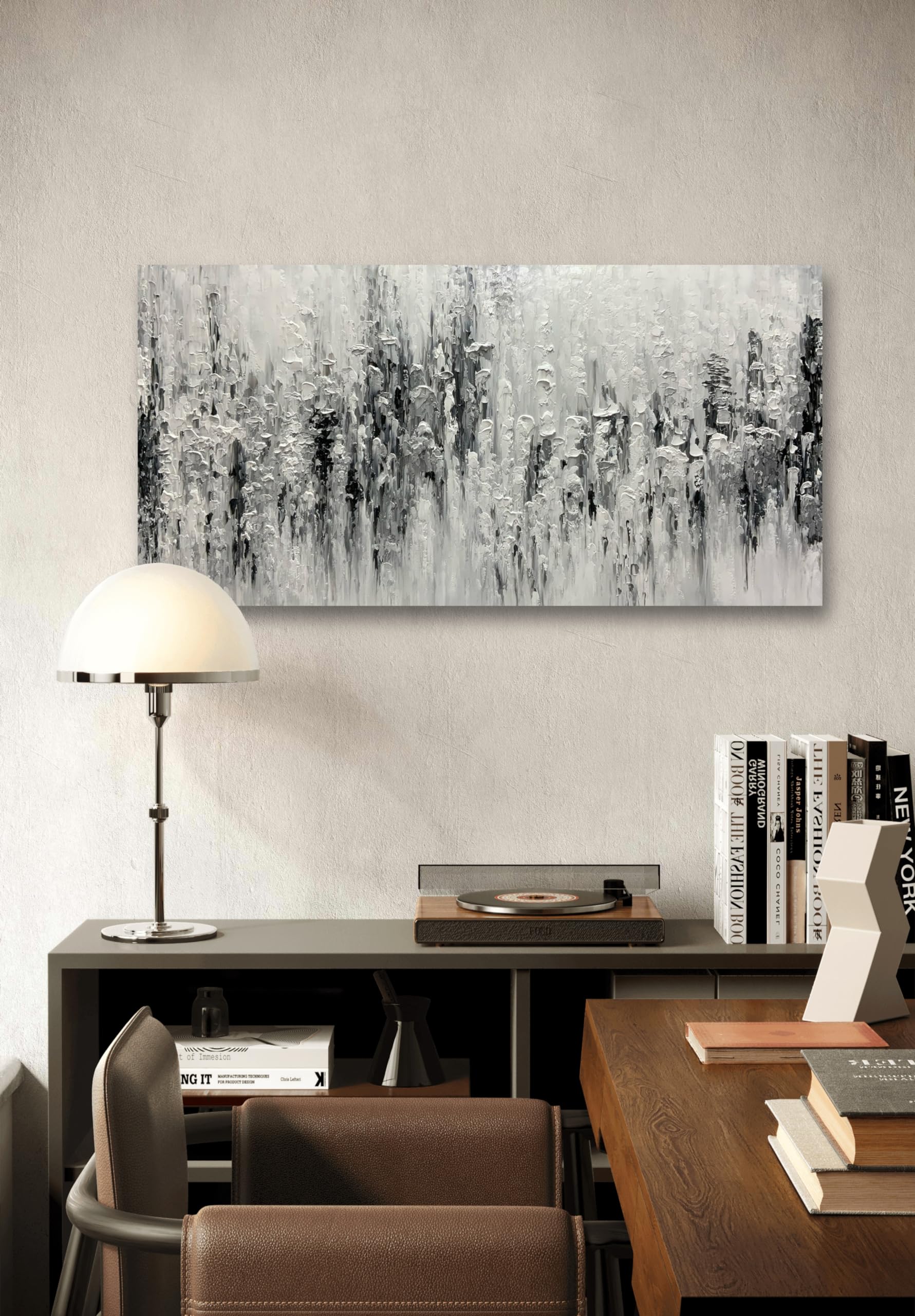Modern Abstract Hand Painted Oil Painting - 24x48 Inches Black & White Canvas Art with Wood Frame - Wall Decor for Living Room, Bedroom, Office & Dining Room - Unique Home Decor Gift Idea
