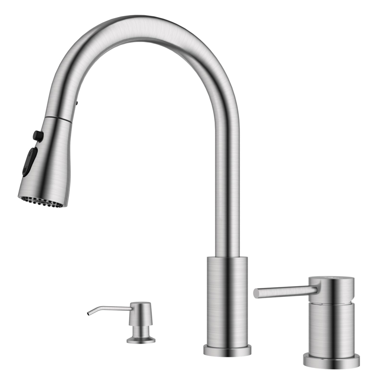 APPASO Brushed Nickel 3-Hole Kitchen Faucet with Pull Down Sprayer & Soap Dispenser - 3 Spray Modes, High Arch Stainless Steel Sink Faucet with Separate Handle (3-Piece Set) - Perfect for Modern Kitchens, Restaurants & Commercial Use
