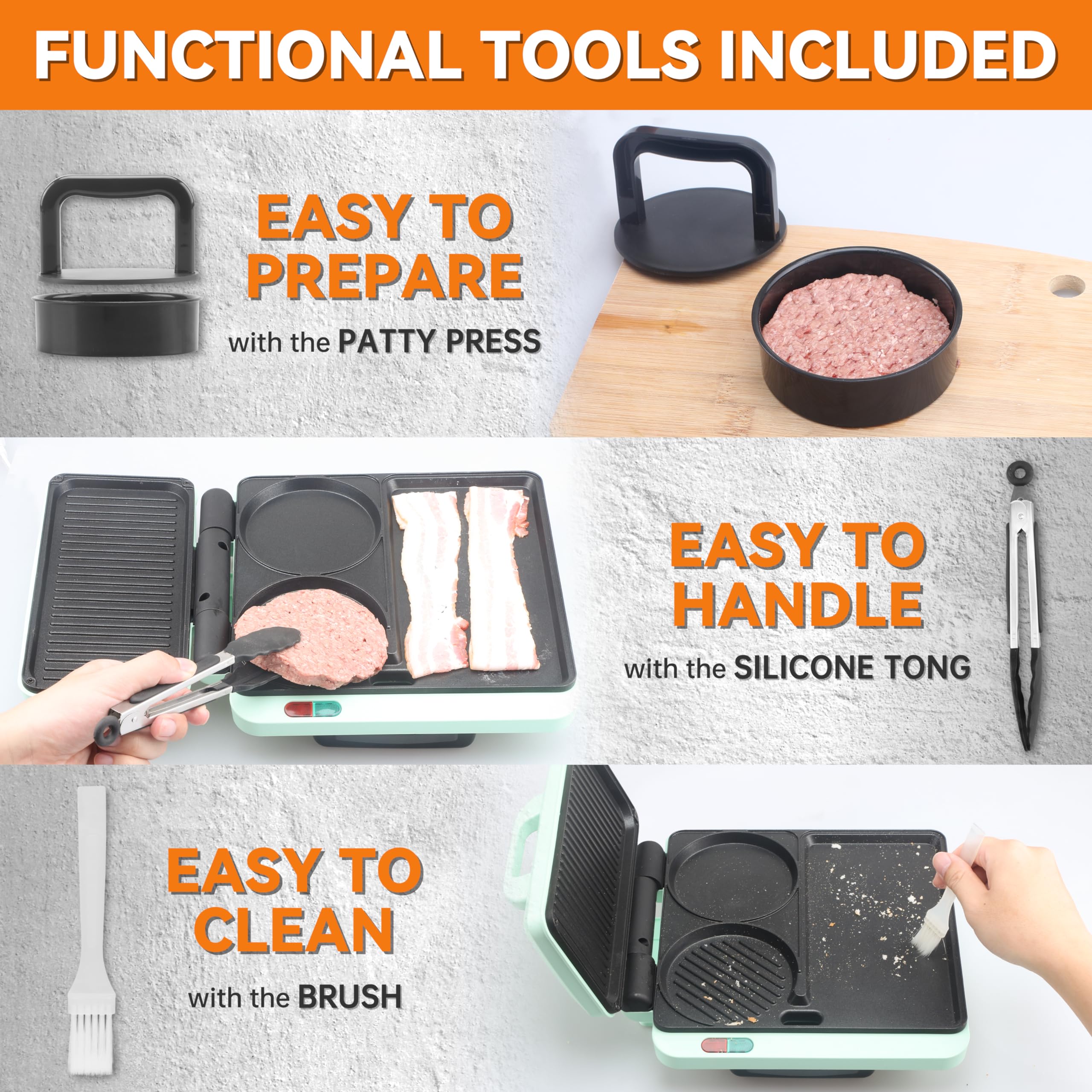 Baker's Friend 3-in-1 Electric Breakfast Sandwich Maker & Griddle - Nonstick Surface for Egg Muffins, Burgers, Hot Dogs & Pancakes - Includes Burger Press, Tongs & Cleaning Brush - Perfect for Quick Breakfasts, Brunch Parties & Camping Meals