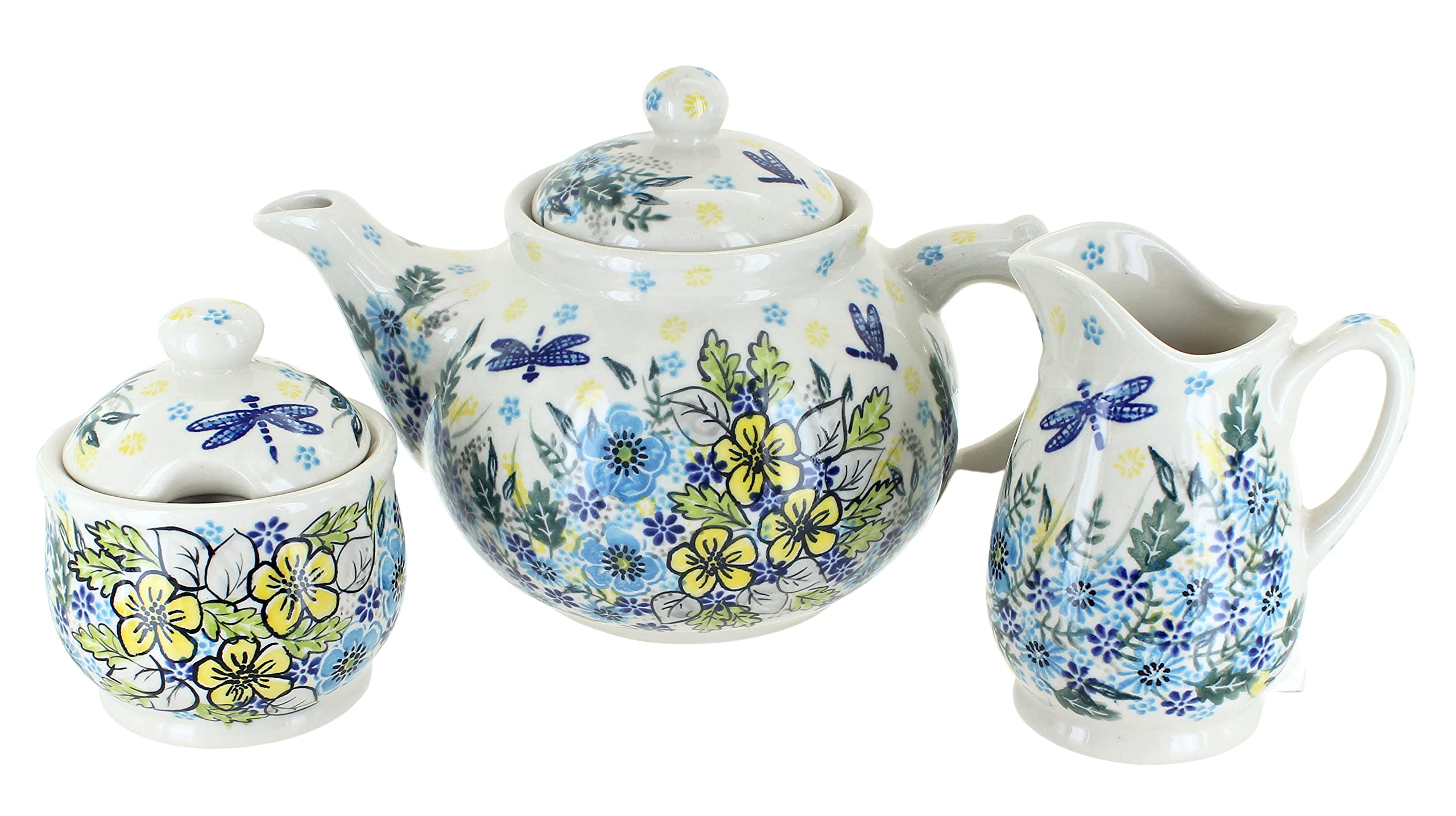 Blue Rose Polish Pottery Alyssa 3-Piece Tea Set - Handcrafted Ceramic Tea Cup Set with Saucer & Teapot - Perfect for Afternoon Tea, Gifts & Home Decor