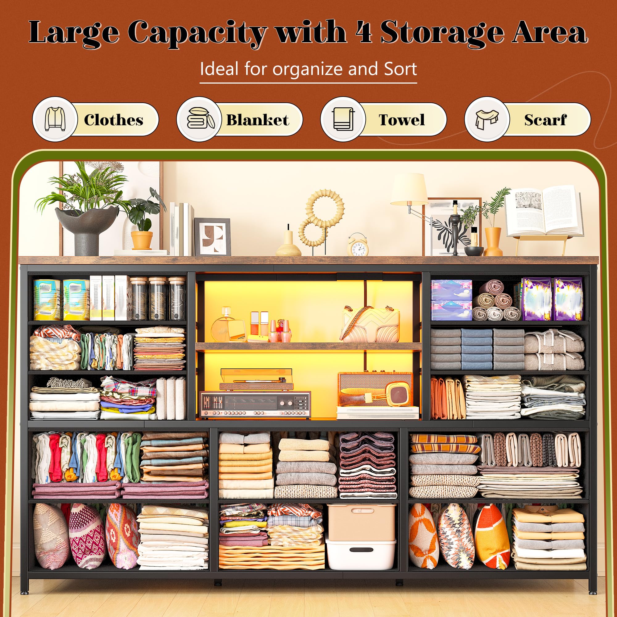 12-Drawer LED Dresser with Power Outlets - Rustic Brown TV Stand for 60-Inch TV, Sturdy Metal Frame Fabric Dresser for Bedroom, Living Room, Hallway & Closet Organization - Perfect for Modern Home Storage & Entertainment Setup
