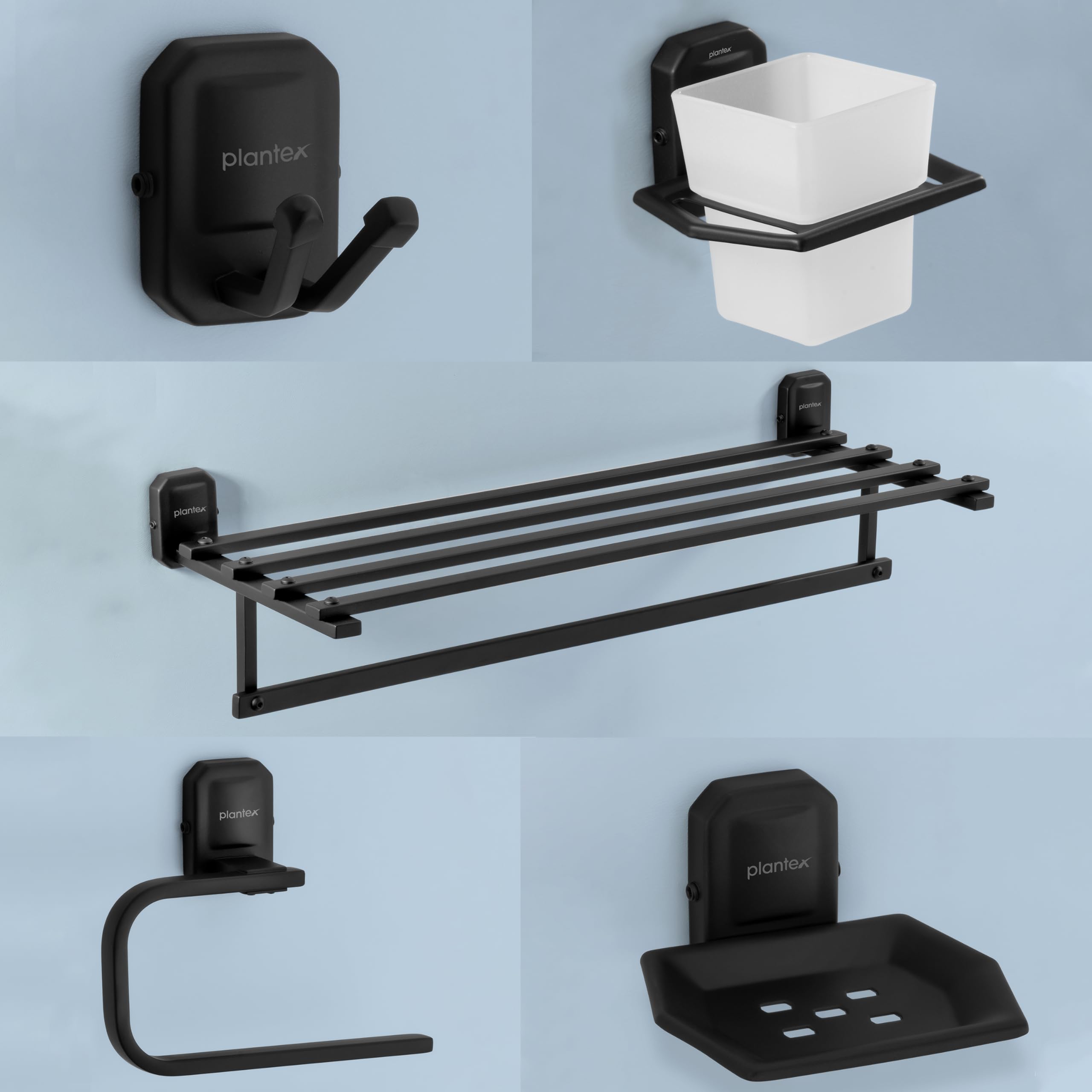Plantex Cute 304 Stainless Steel Bathroom Organizer Set - Towel Rack, Soap Holder, Napkin Ring, Tumbler Holder & Robe Hook - Durable Black Bathroom Accessories for Home, Hotel & Spa Decor