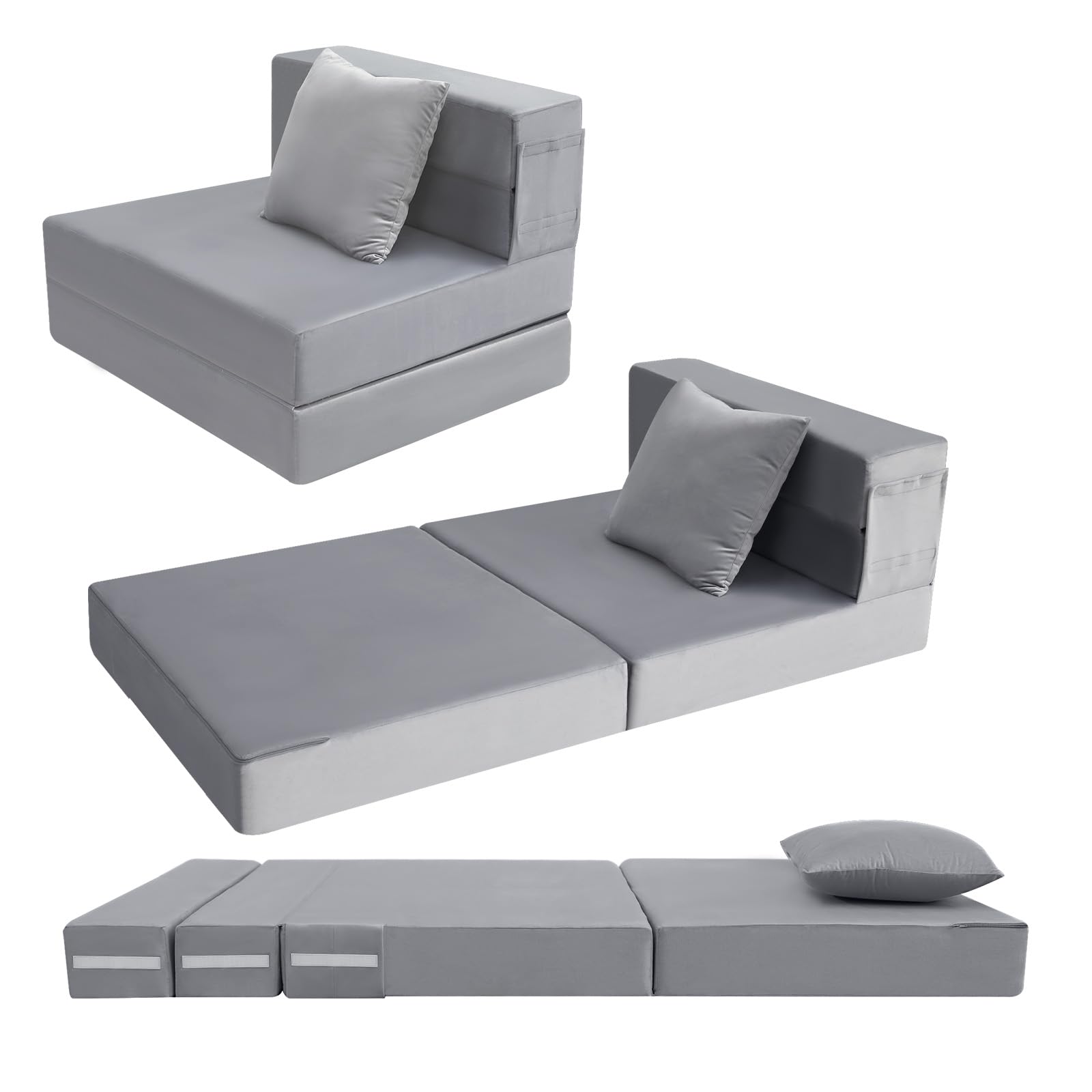 Foldable Futon Chair Bed Sleeper for Adults - Twin Size 6 Inch Folding Mattress Sofa Bed with Pillow, Convertible Tri-Fold Foam Floor Sofa for Living Room, Guest Room & Small Spaces (Grey) - Perfect for Apartments, Dorms & Overnight Guests