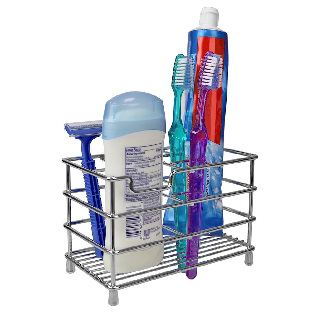 Home Basics Steel Open Wire Toothbrush Holder & Toothpaste Stand - Chrome Bathroom Organizer with Non-Slip Feet | Perfect for Small Spaces, Vanity Countertops & Travel