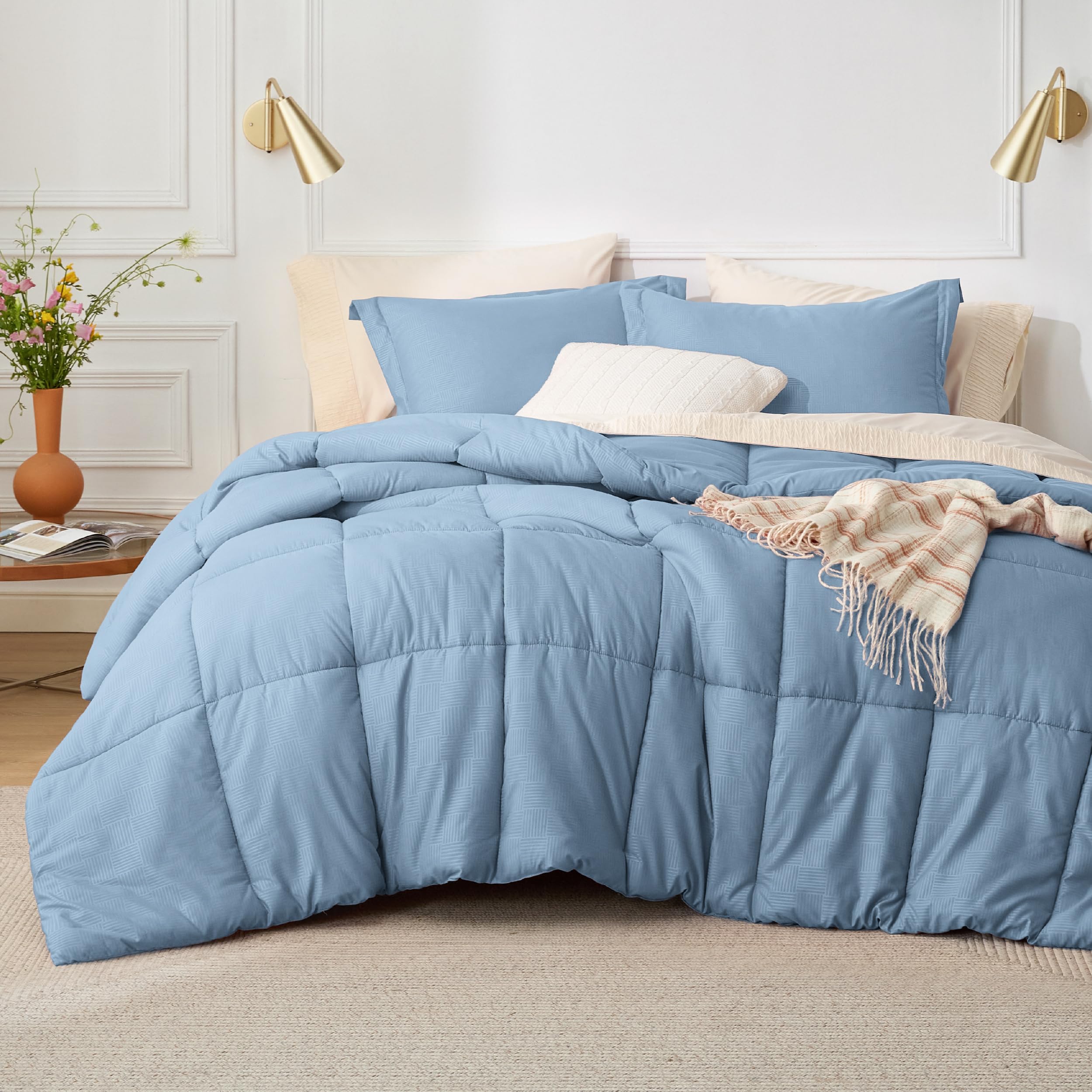 Bedsure Twin XL Comforter Set - Lightweight All Season Down Alternative Bedding in Mineral Blue Basket Weave Pattern | Includes 1 Pillow Sham | Perfect for Dorm Rooms, Guest Beds & Cozy Home Decor