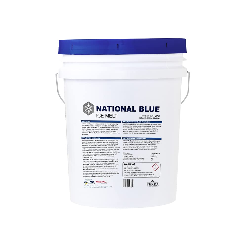 National Blue Snow Salt Ice Melt 50lb Bucket - Fast Acting Pet & Concrete Safe Ice Melter - Environmentally Friendly Deicer for Driveways & Walkways - Works to -15°F - Ideal for Winter Storms & Snow Removal