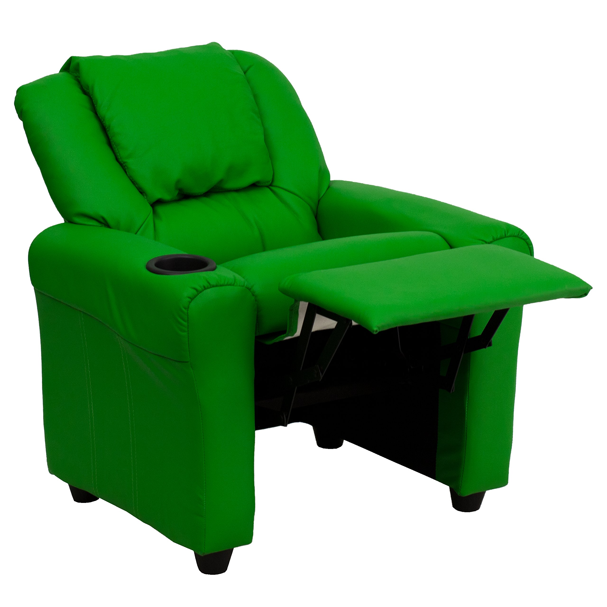 Comfortable Green Vinyl Kids Recliner Chair with Cup Holder & Headrest - Perfect for Playrooms, Bedrooms & Movie Nights