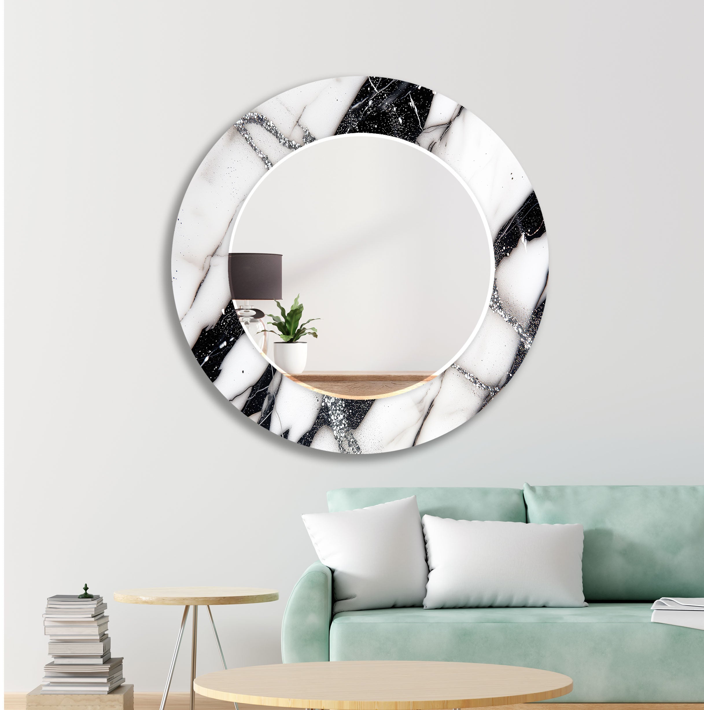 Elegant Black and White Marble Wall Mirror - Modern Home Decor for Living Room, Bedroom, or Entryway