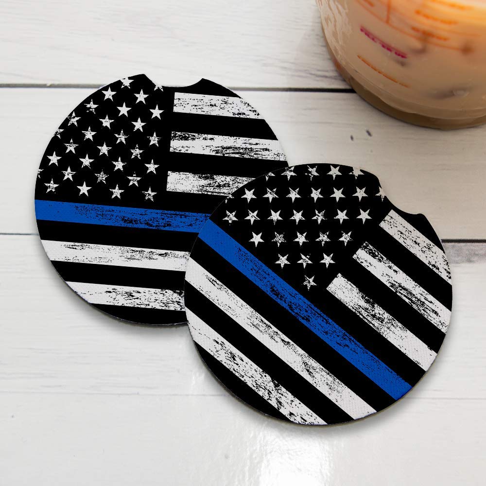 Thin Blue Line Car Coasters Set of 2 - Absorbent Drink Coasters with Non-Slip Rubber Backing (2.56 Inch) - Perfect Car Accessories for Coffee, Soda & Water Bottles - Ideal for Road Trips, Commuting & Daily Driving
