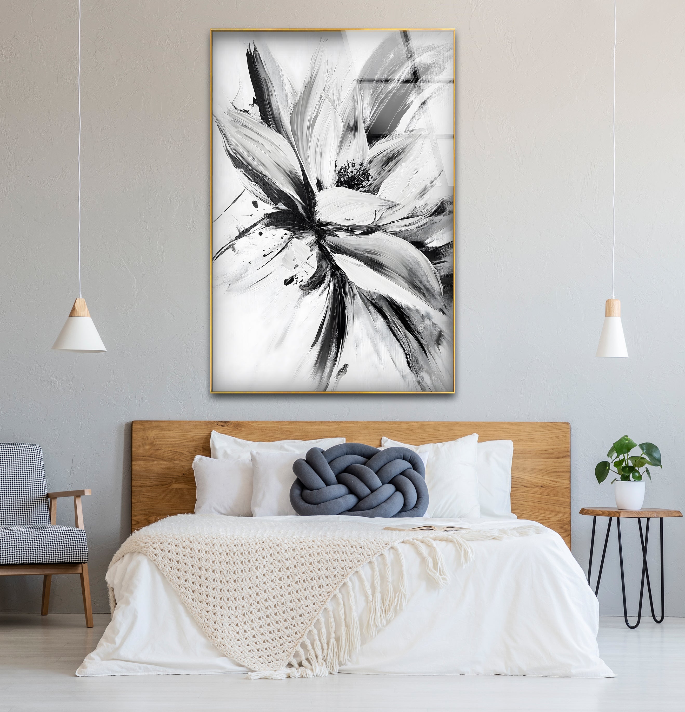 Modern Black and White Abstract Floral Glass Wall Art - Elegant Home Decor for Living Room, Bedroom & Office