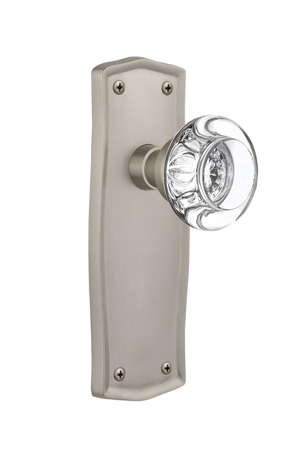 Vintage Prairie Plate with Round Clear Crystal Glass Knob - Single Dummy Door Handle in Satin Nickel Finish - Perfect for Farmhouse, Cottage & Shabby Chic Home Decor