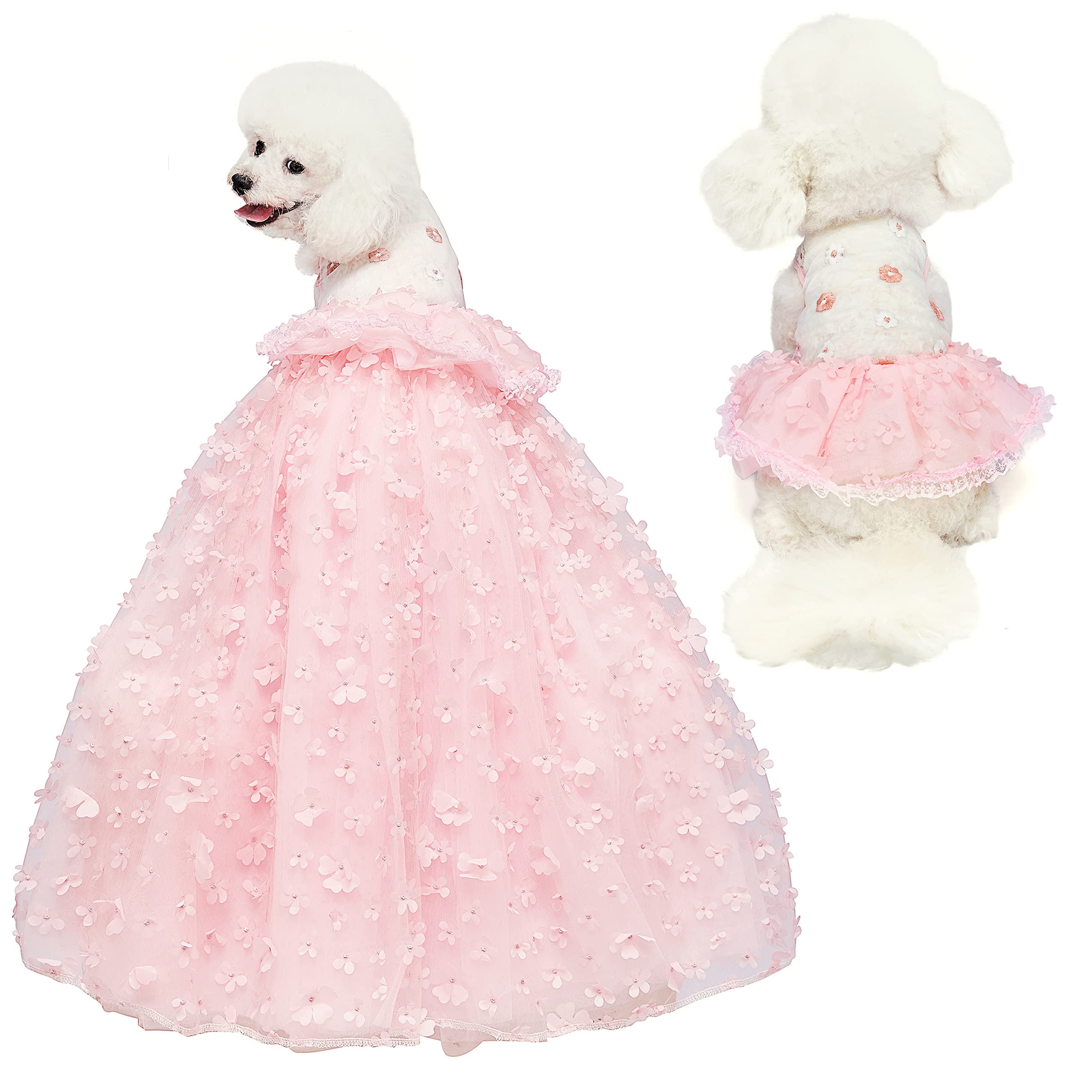 Elegant Dog Wedding Dress with Flower Tutu Skirt & Detachable Train - Formal Pet Apparel for Small & Medium Dogs - Princess Costume for Birthday Parties & Special Occasions (Pink Set, Size L)