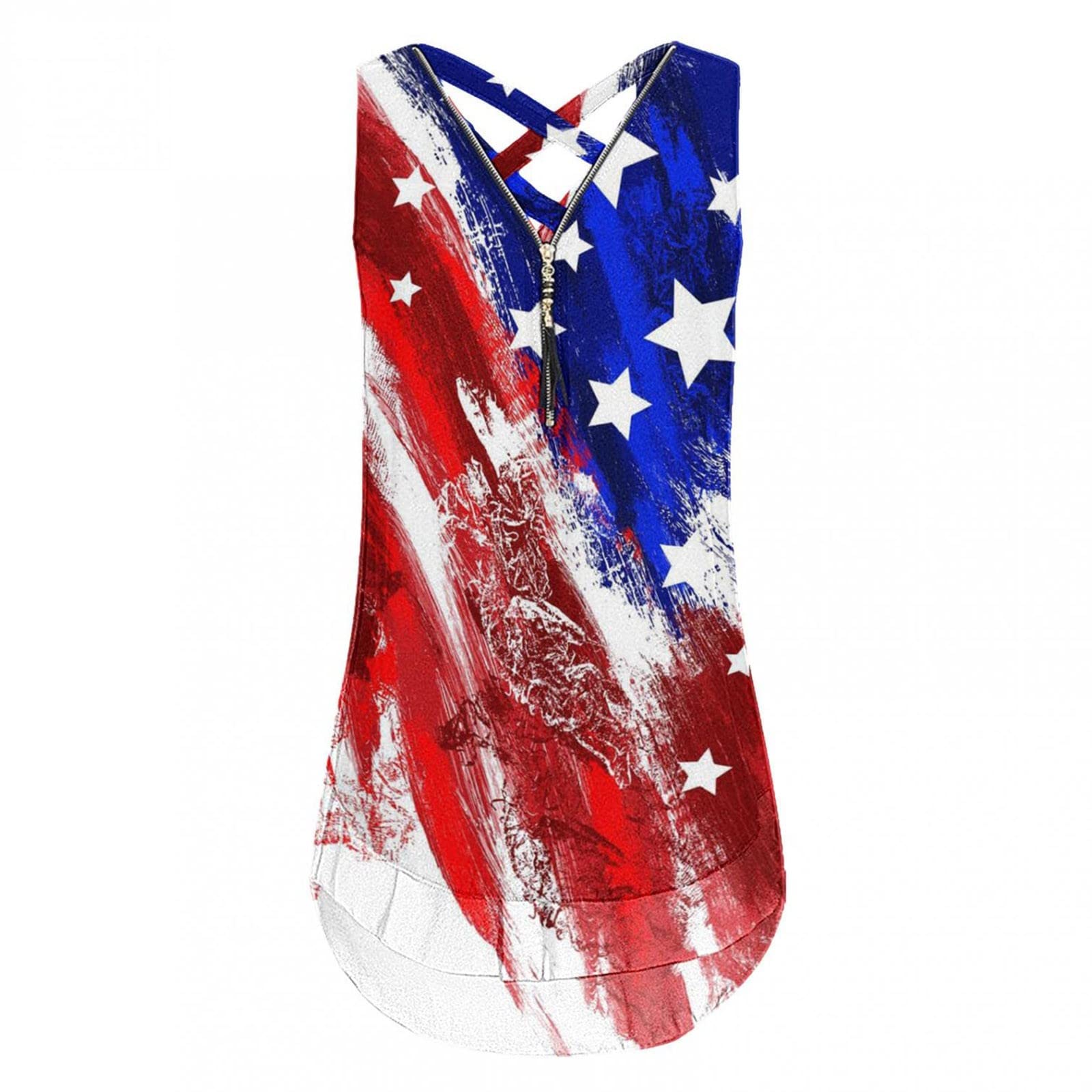 Women's 4th of July Tank Tops - Trendy Cross Back Sleeveless V-Neck Blouse with Zipper Detail | Perfect for Summer Casual Wear, Beach Outfits & Patriotic Celebrations