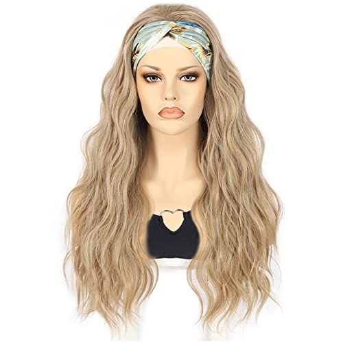 Ebingoo Long Wavy Ash Blonde Synthetic Wig for Women - Glueless Lace Front Headband Wig (26 Inch) with Free Wig Cap - Perfect for Daily Wear, Cosplay & Costume Parties