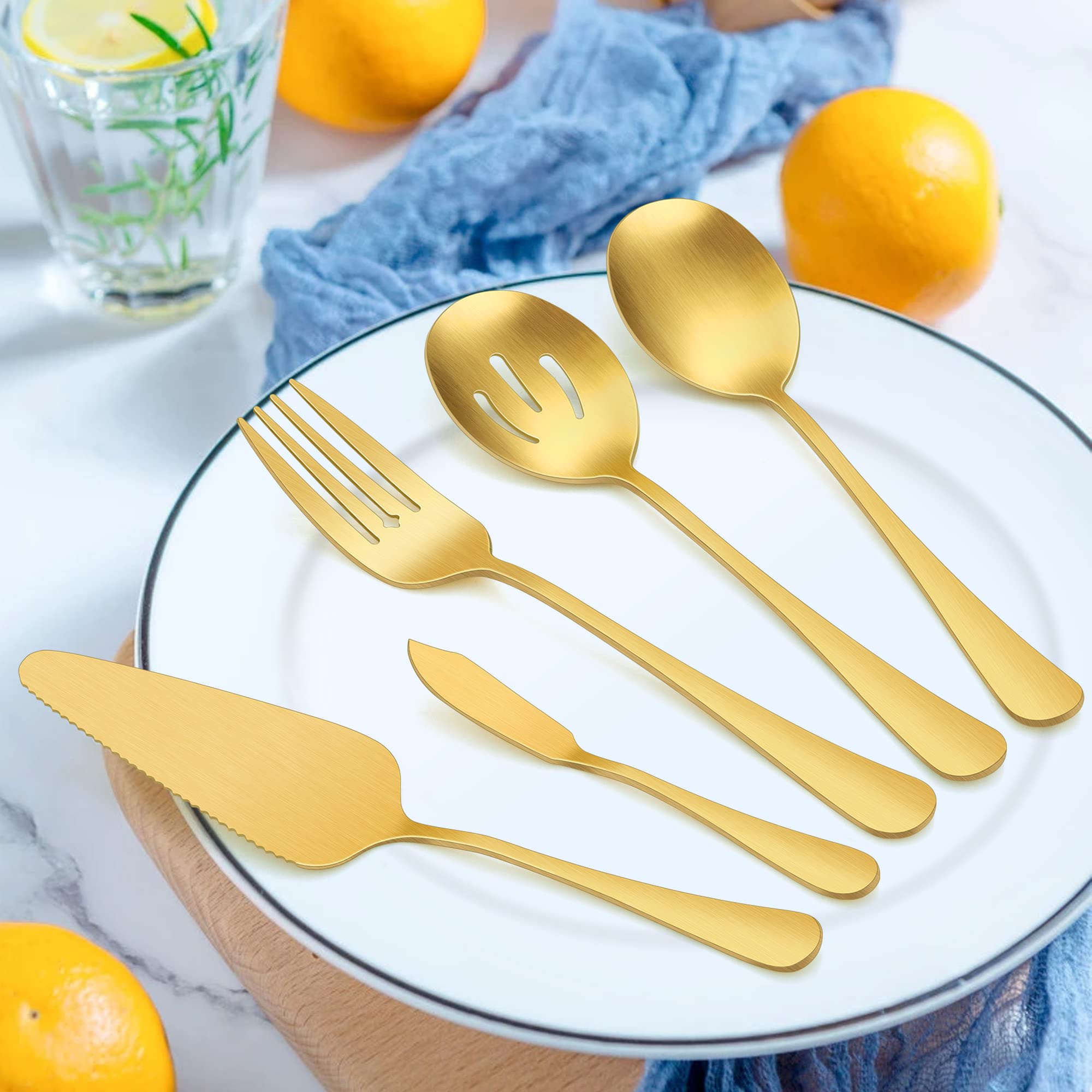 25-Piece Matte Gold Silverware Set with Serving Utensils - Stainless Steel Flatware Cutlery Set for 4 - Elegant Kitchen & Tableware for Home, Restaurant & Party - Satin Finish & Dishwasher Safe - Perfect for Dining, Entertaining & Special Occasions