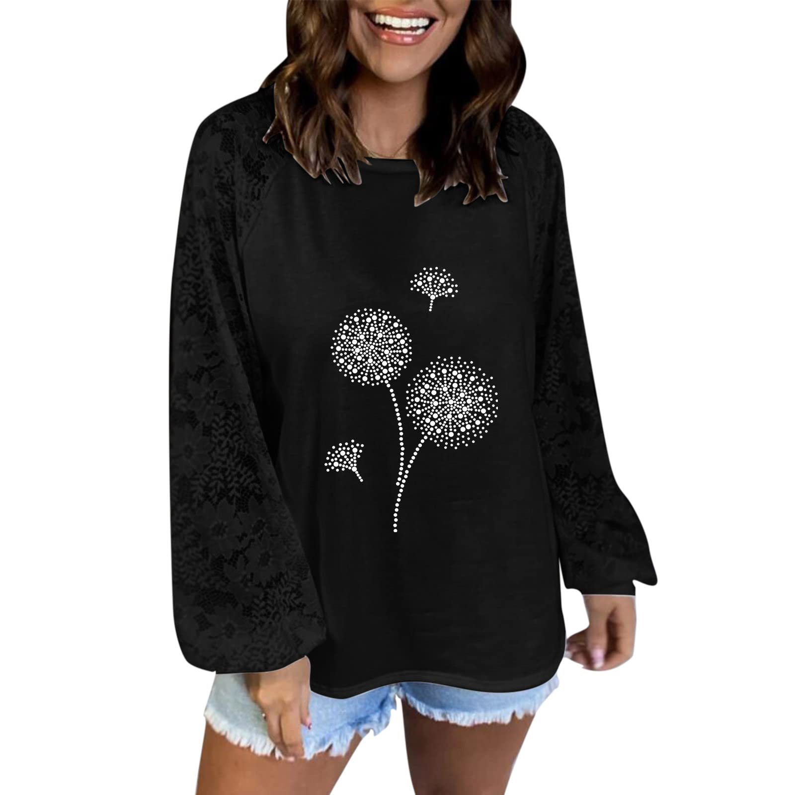 Trendy Women's Casual Loose Knit Pullover Blouse - Hollow Out Lace Long Sleeve Tops - Perfect for Office Wear, Date Night & Fall Layering