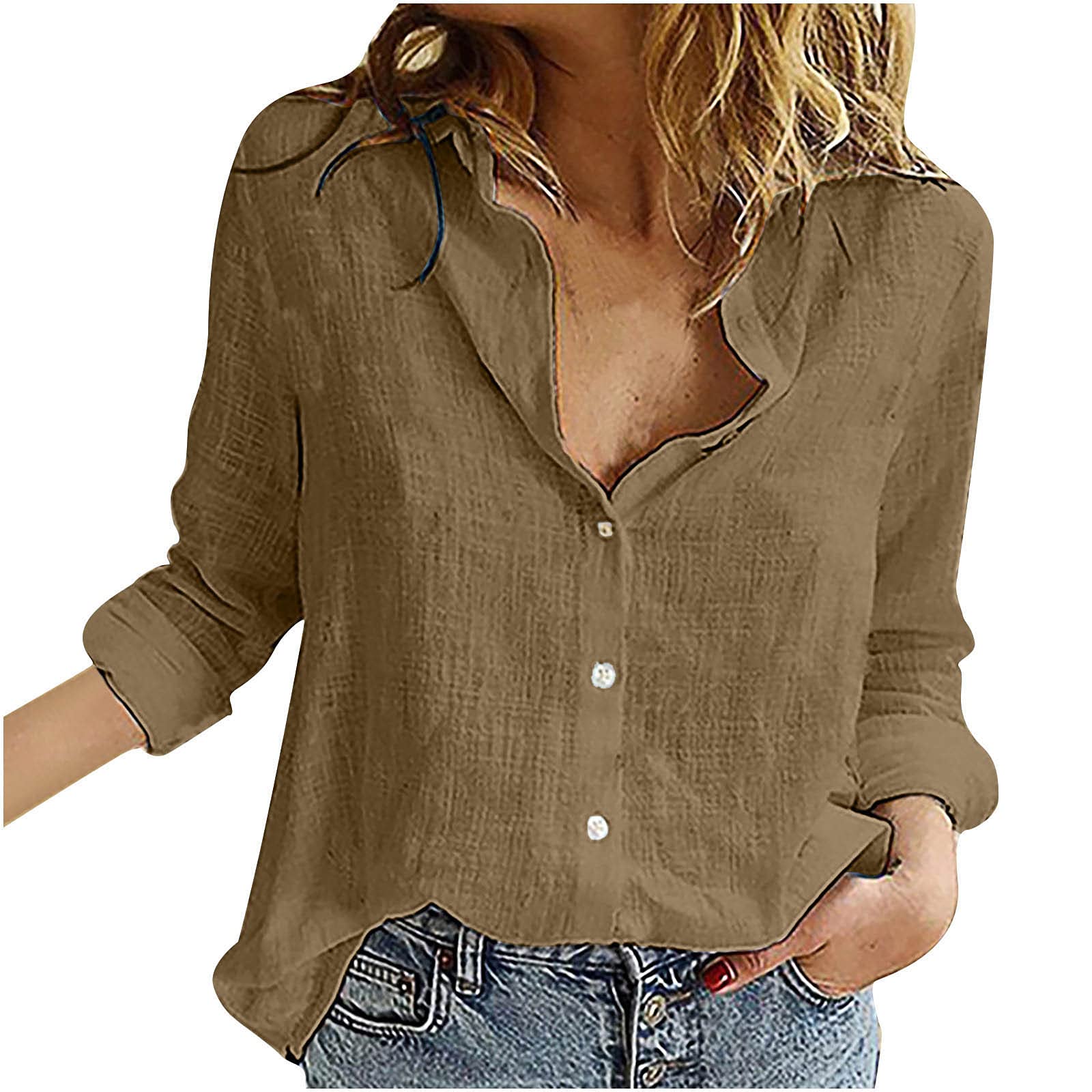 Women's Cotton Linen Long Sleeve Button Down Tunic Top - Casual Lapel Blouse in Solid Colors for Work, Travel & Everyday Wear