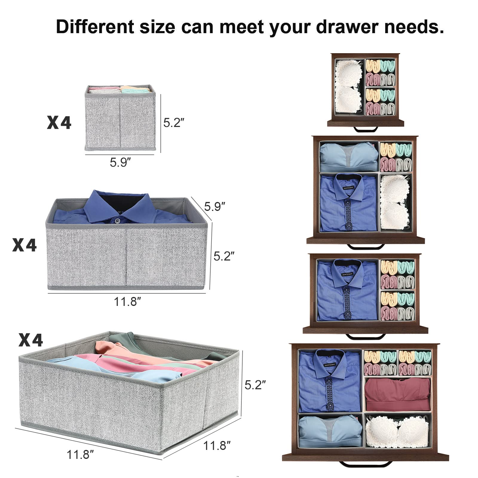 Hinotori 12-Pack Foldable Fabric Drawer Organizers for Clothes, Underwear, Socks & Bras - Collapsible Storage Bins & Drawer Dividers - Perfect for Closet, Dresser, Shelves & Bedroom Organization (Space-Saving Solution for Small Spaces)