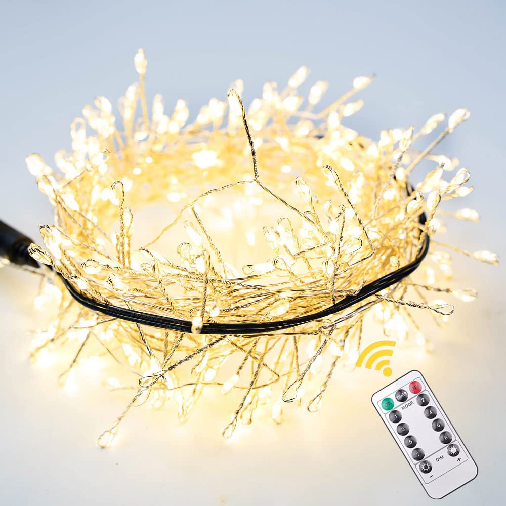 10FT 100 LED Cluster Fairy Lights - Warm White Plug-in Indoor/Outdoor String Lights with Remote - Perfect for Christmas Tree, Garden, Patio, Backyard, Wedding & Home Decor