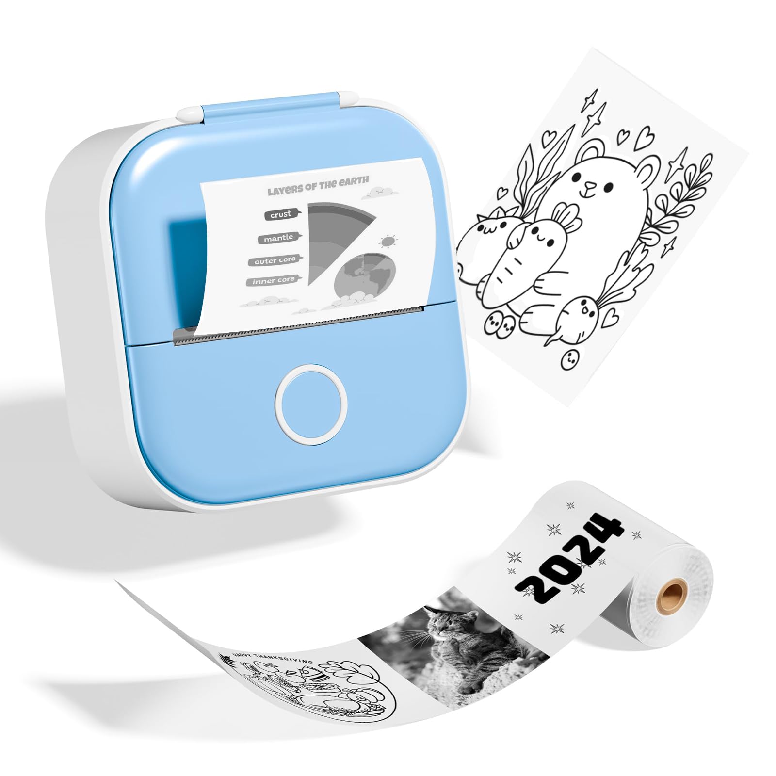 Odaro T02 Mini Bluetooth Thermal Sticker Printer - Portable Sticker Maker Machine with 1 Roll Paper for School Notes, Journals, Coloring Pictures (Blue) | Perfect for DIY Crafts, Labeling & Scrapbooking