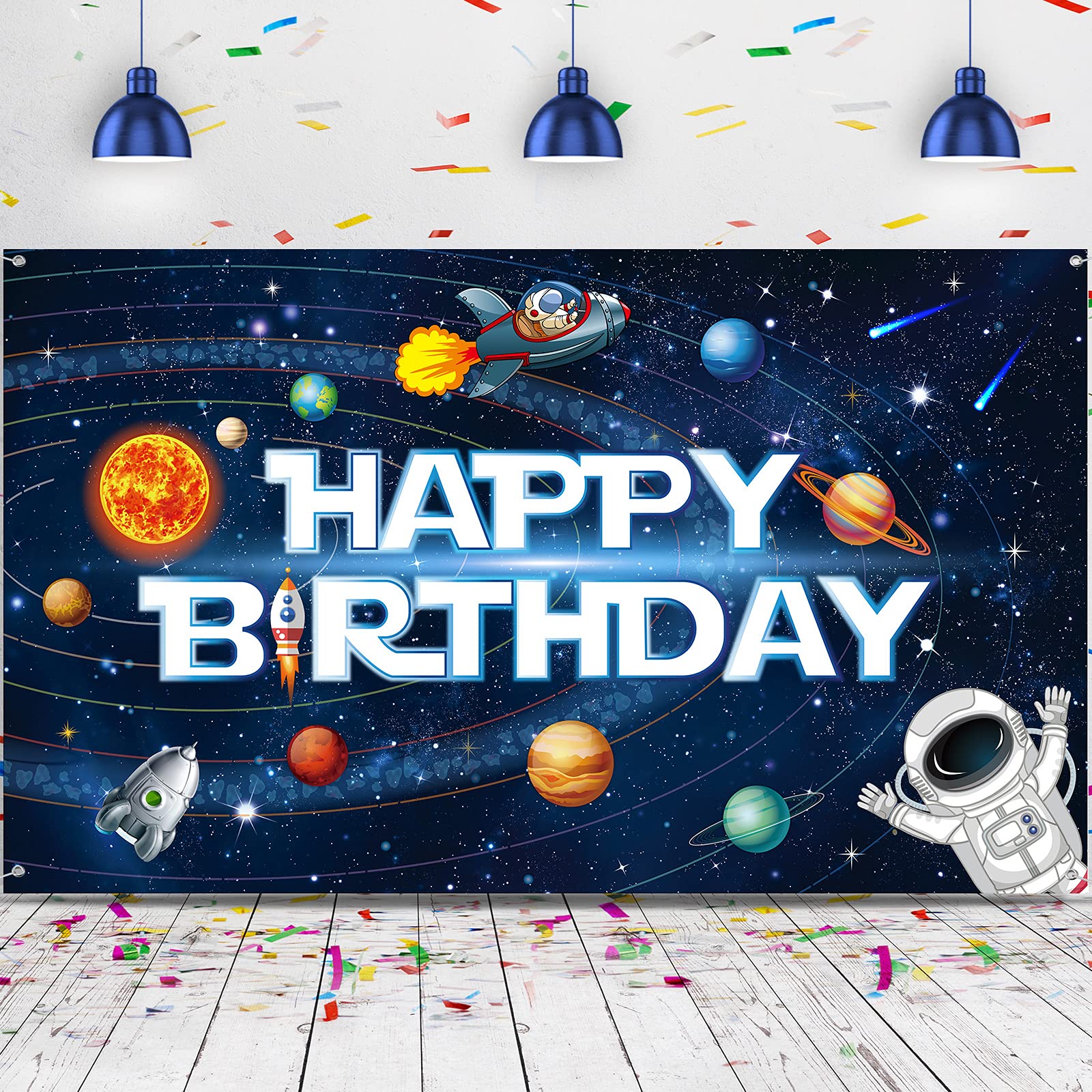 Sumind Astronaut Rocket Solar System Backdrop Banner - 72.8x43.3 Inch Space Themed Birthday Party Decor for Kids, Boys Room Wall Poster & Educational Classroom Display - Perfect for Space-Themed Parties, Nursery Decor & STEM Learning Activities