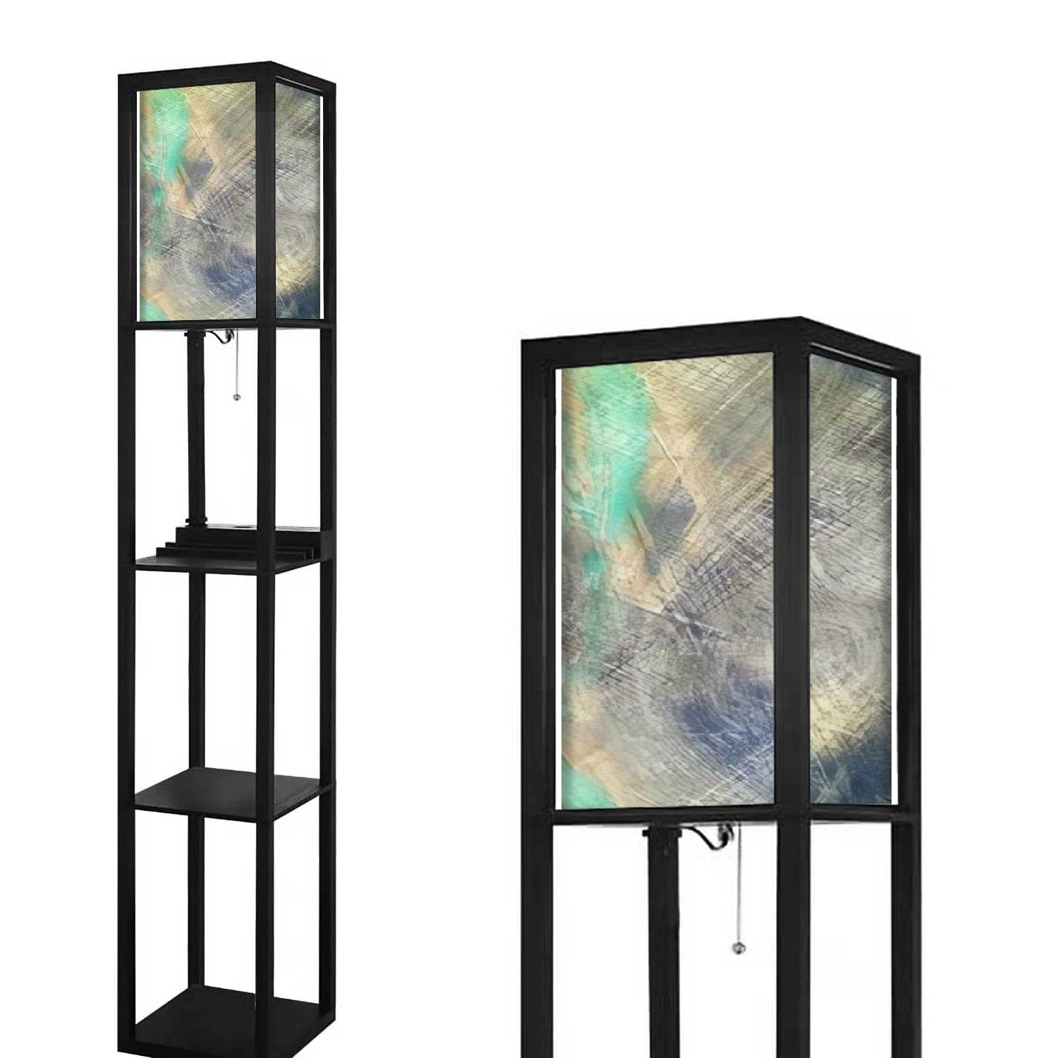 Modern Floor Lamp with USB Ports & Power Outlet - Watercolor Seamless Textures & Linen Fabric Shade - Tall Corner Standing Lamp with Shelves for Living Room, Bedroom, Office - Perfect for Reading, Working & Ambient Lighting