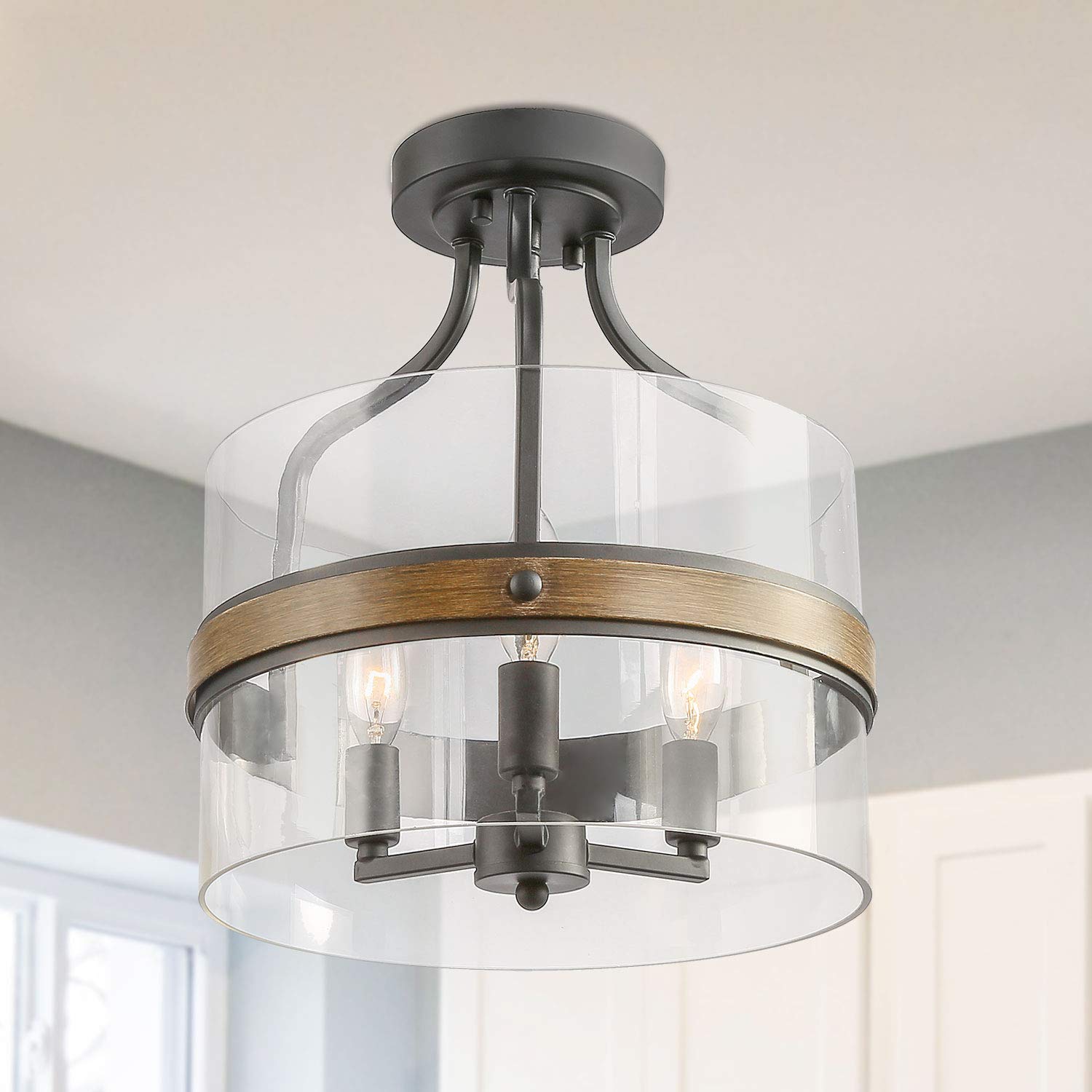 LALUZ 3-Light Faux Wood Ring Semi Flush Mount Ceiling Fixture - Modern Farmhouse Drum Chandelier for Bathroom, Bedroom, Kitchen, Living & Dining Room | Perfect for Rustic Home Decor, Cozy Ambiance Lighting