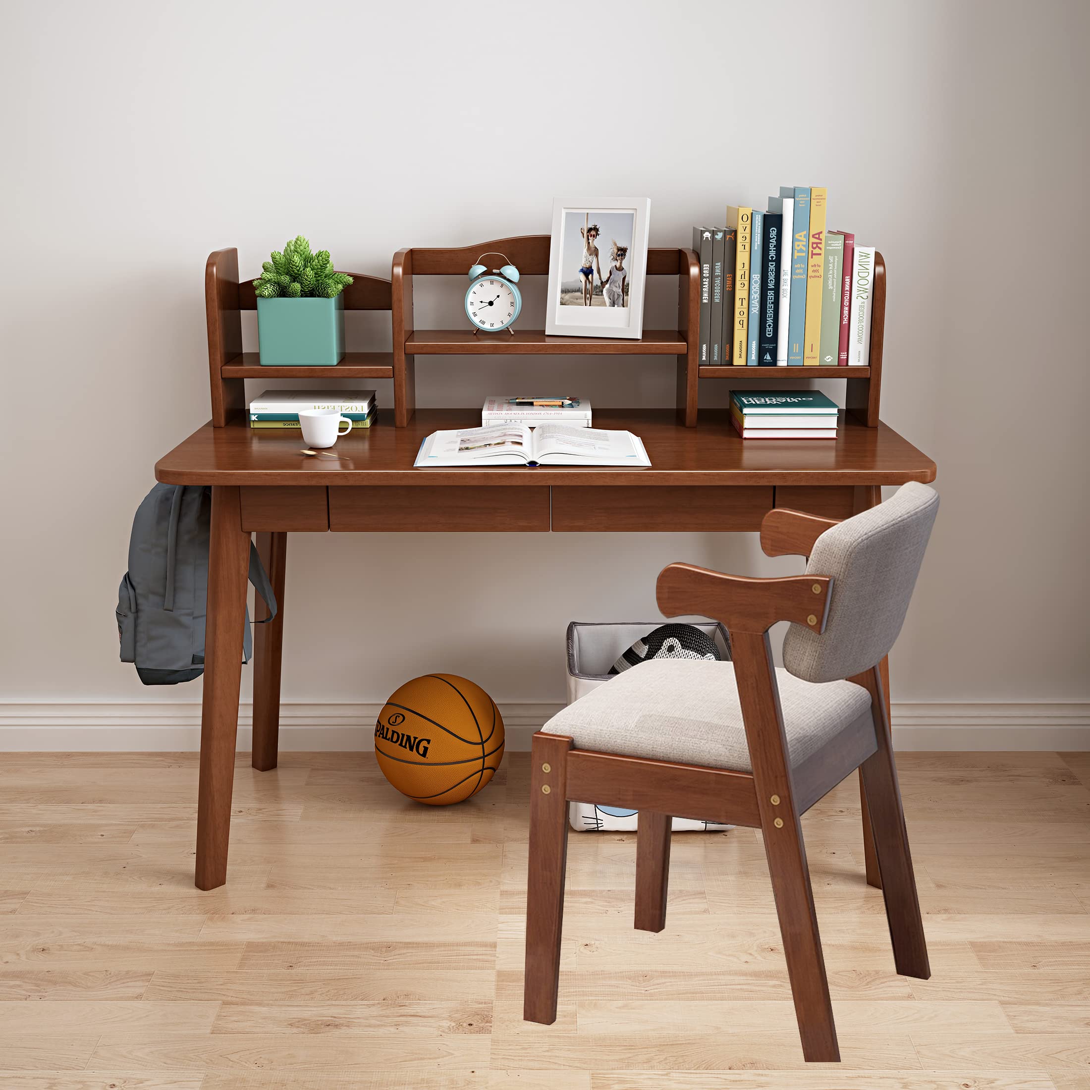 Wooden Kids Desk and Chair Set with Drawers & Bookshelf - Study Computer Workstation, Writing Table for Children's Room, Homeschool & Online Learning (Walnut)