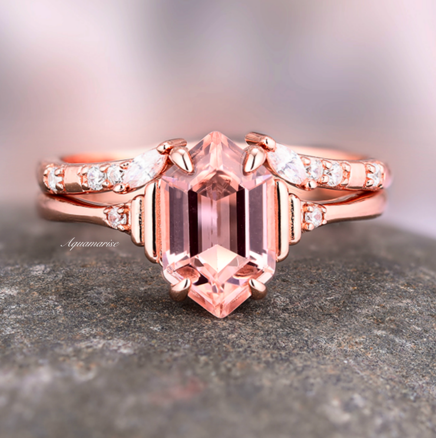 Hexagon Morganite Ring Set - 14K Rose Gold Vermeil Engagement & Wedding Jewelry for Women, Perfect for Bridal, Anniversary & Valentine's Day Gifts