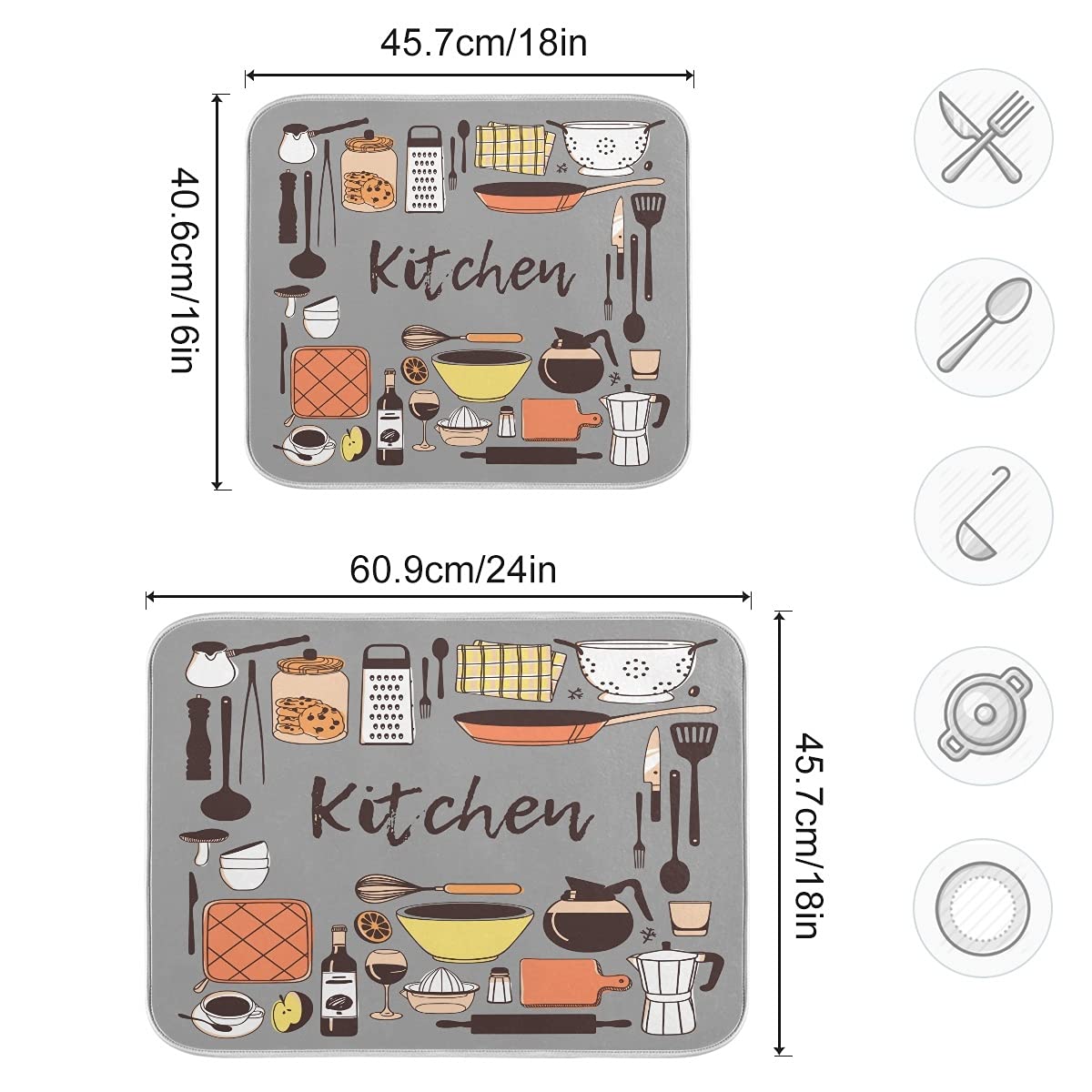 Microfiber Dish Drying Mat 18x24 - Grey Reversible for Kitchen Counter | Fast Absorbent Dishes Pad for Drain Rack & Counter Protection