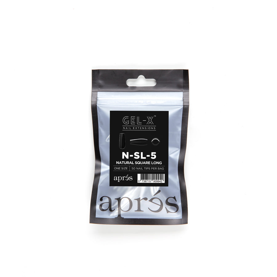 Apres Gel X Refill Bags - Natural Square Long Nail Tips Size 5 (50 Pieces) for Professional Salon & DIY Manicures at Home