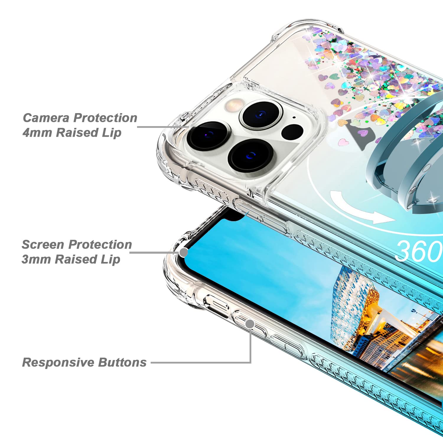Sparkling Glitter Liquid Waterfall TPU Phone Case for iPhone 12/12 Pro (6.1 Inch) - Rotating Ring Kickstand, Blue | Protective Cover with Bling Design for Daily Use, Parties & Travel