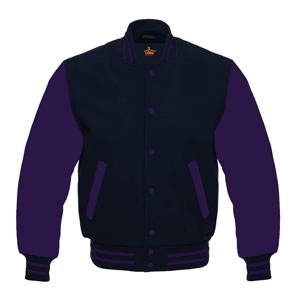 Men's Varsity Baseball Letterman Jacket - All Wool Bomber Style with Purple Sleeves for School & Sports | Perfect for Baseball Games, College Events & Casual Wear