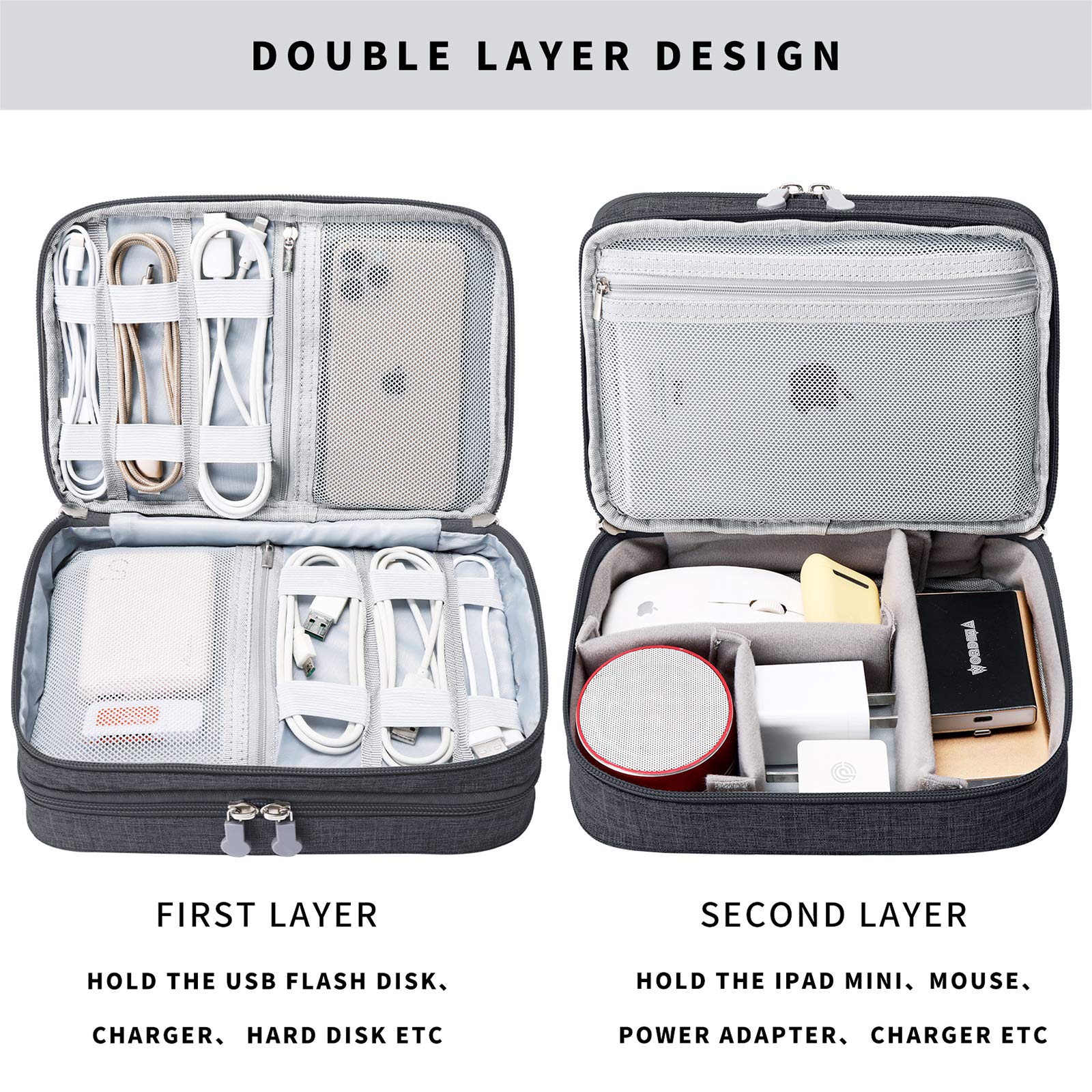 Waterproof Electronic Accessories Travel Organizer - Double Layer Cable Storage Bag for Chargers, Cords, Flash Drives, Phones, iPad Mini & SD Cards | Perfect for Business Trips, Vacation Packing & Tech Organization | Great Gift for Men (Black)