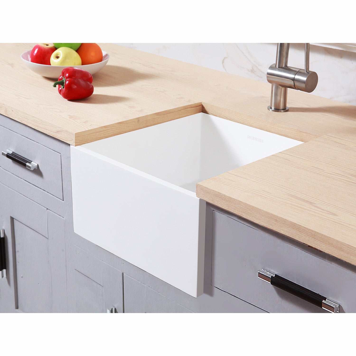 Arcticstone GKUSA15158 15 Inch White Farmhouse Kitchen Sink - Solid Surface Apron Front Single Bowl Bar Prep Sink with Strainer, Matte White - Perfect for Modern Farmhouse & Rustic Kitchen Designs