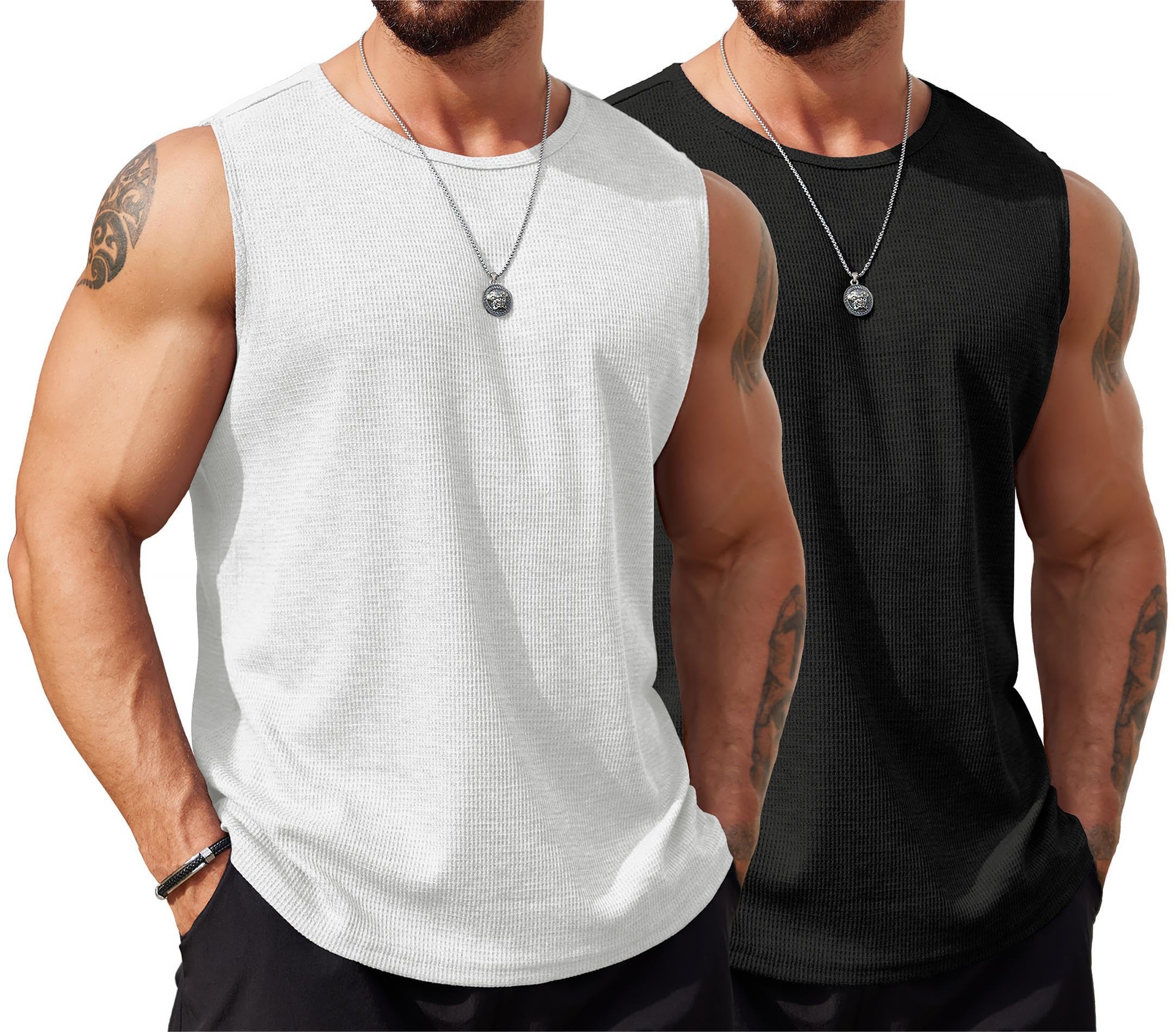 COOFANDY Men's Knitted Tank Tops 2 Pack - Breathable Sleeveless Casual T-Shirts for Summer, Beach & Gym - Waffle Texture Crew Neck Tee Shirts for Workout, Vacation & Everyday Wear