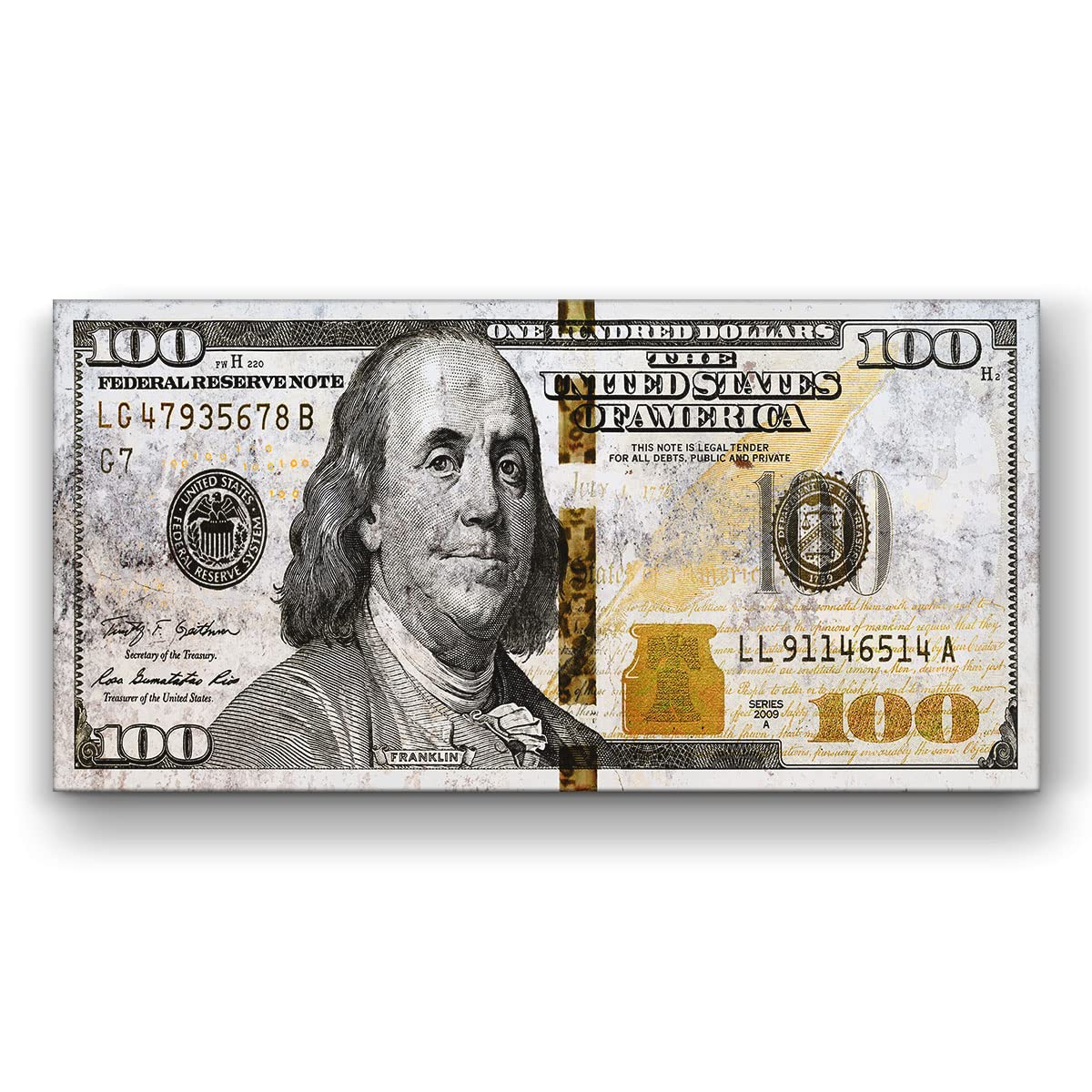 Golden 100 Dollar Bill Wall Art Canvas Print - Office Decor & Money Motivation - Gold Money Artwork, Marble Money Sign (15