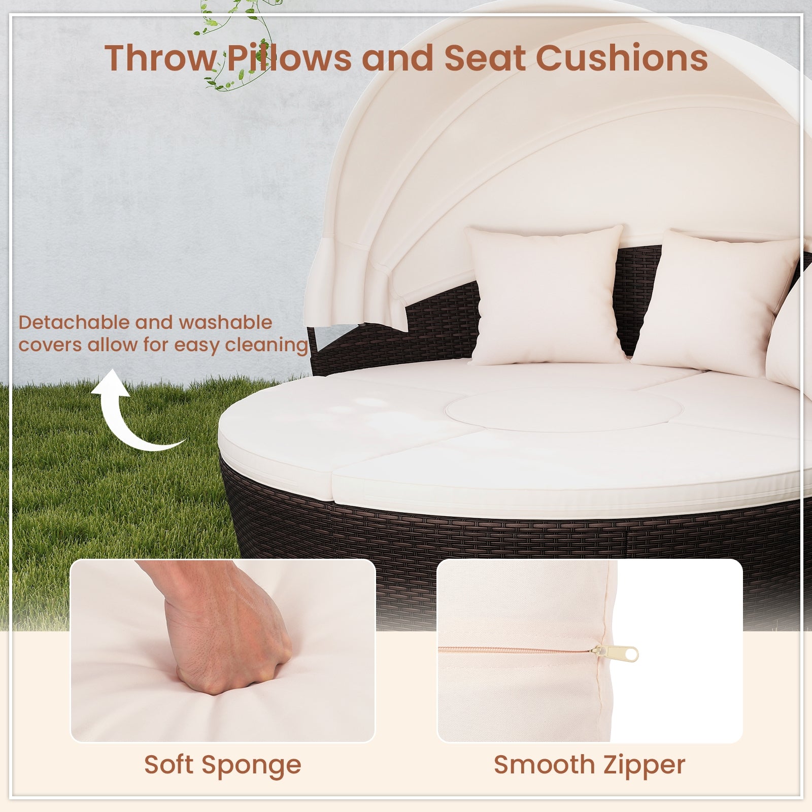 White Round Patio Daybed with Retractable Canopy - Outdoor Lounge Furniture for Poolside, Garden, and Backyard Relaxation