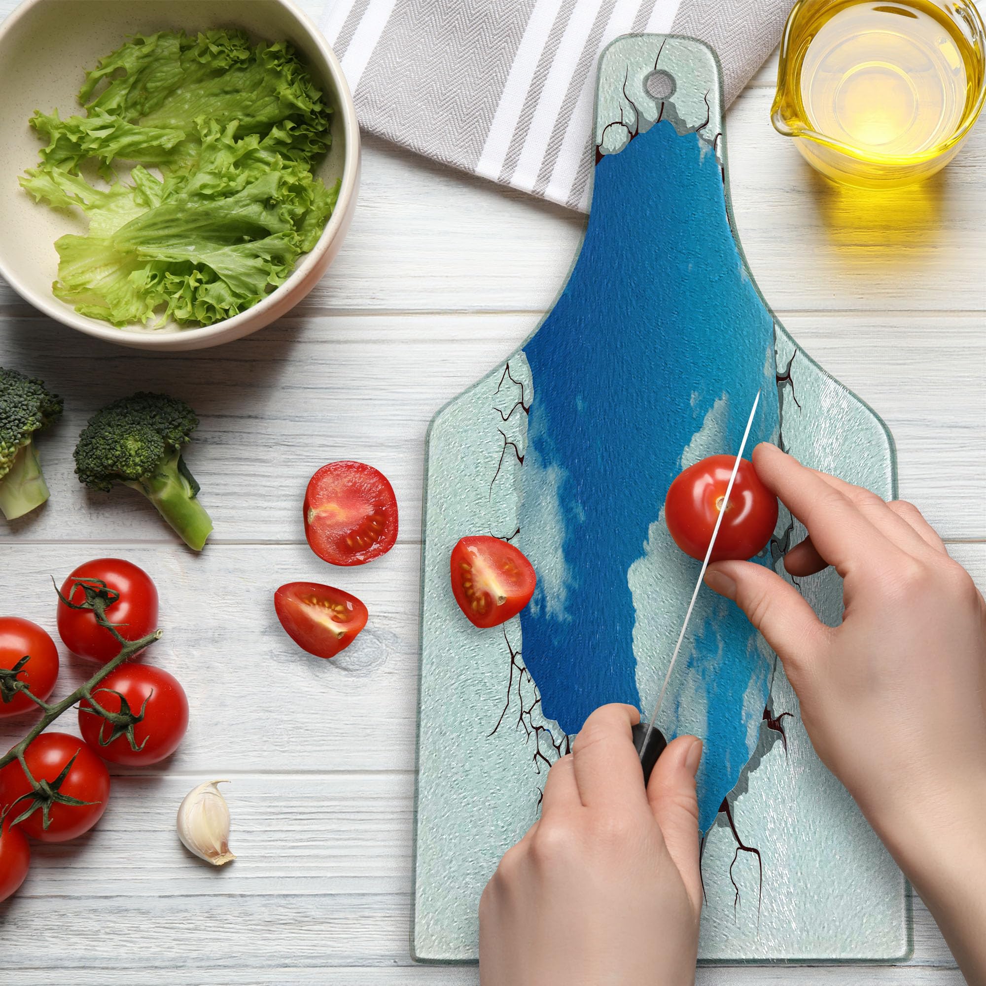 Ambesonne Sky Cutting Board - Summer Sky with Fluffy Clouds, Cracked Look Modern Art Design - Tempered Glass Serving Board for Cheese, Charcuterie & Wine - White & Blue Decorative Kitchen Accessory - Perfect for Entertaining, Gifts & Home Decor