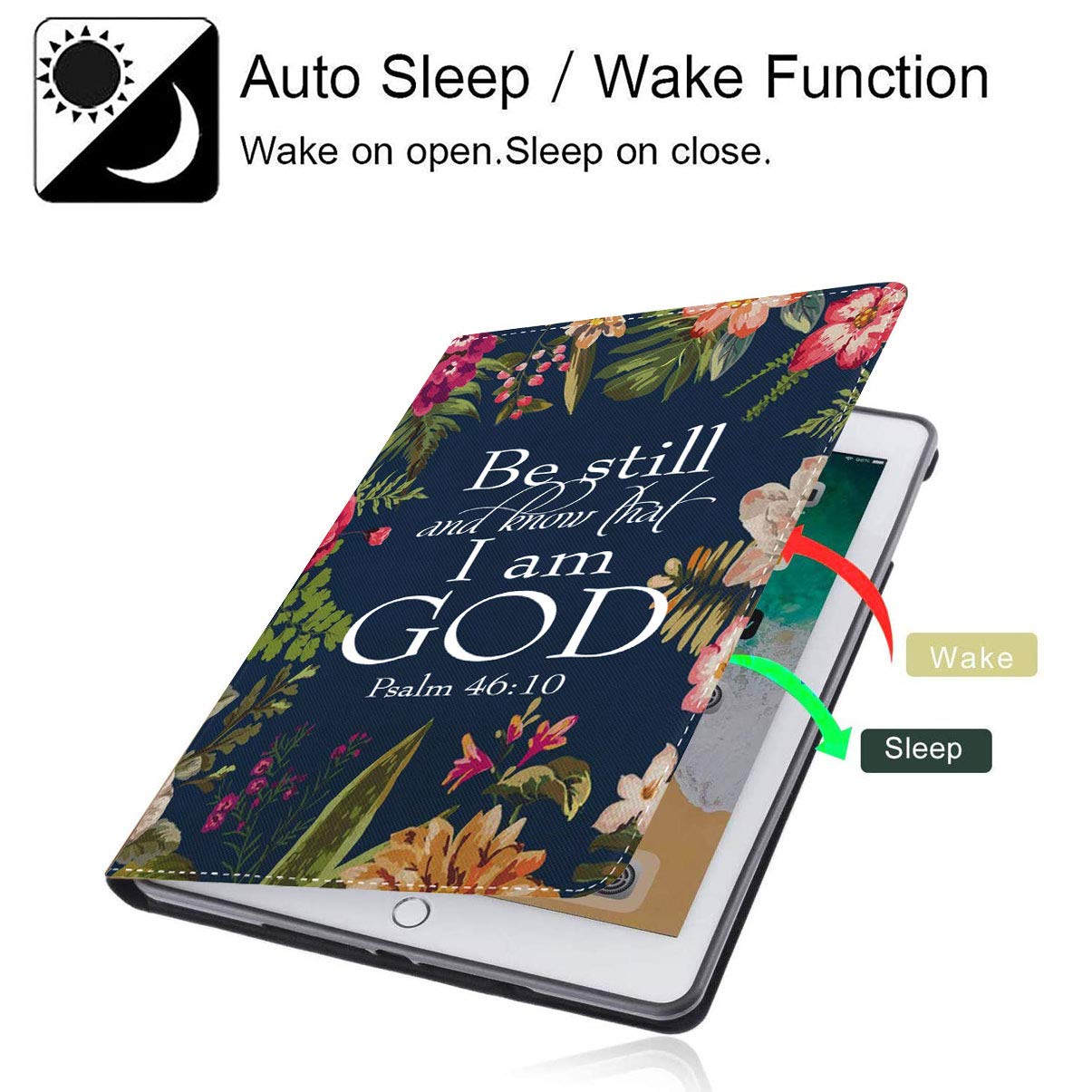 Premium Leather iPad Case for iPad 9.7 (2018/2017), iPad Air 2, iPad Pro 9.7 & iPad 6th/5th Gen - Adjustable Stand with Auto Wake/Sleep & Bible Verse Design (Psalm 46:10) - Perfect for Work, Study & Travel Protection