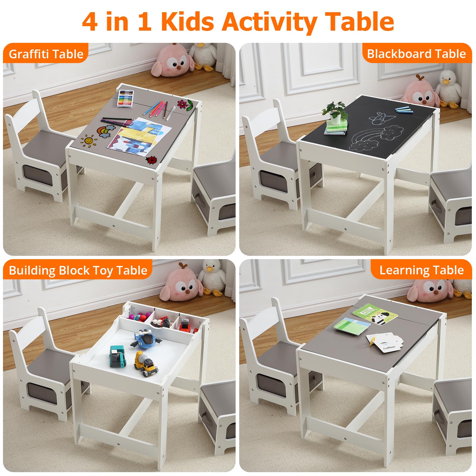 GARVEE 3-in-1 Kids Table and Chair Set with Storage Drawer - Wooden Activity Table for Toddlers Arts & Crafts - 2-in-1 Tabletop - Natural Material Playroom Furniture for Home, Kindergarten, Daycare - Perfect for Drawing, Learning & Playtime - Grey