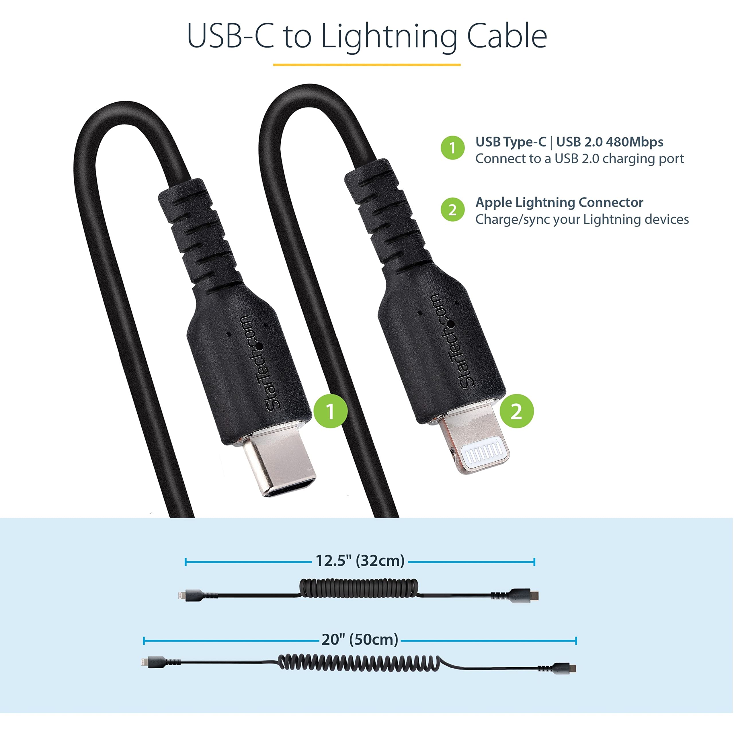 StarTech.com 20in / 50cm USB C to Lightning Cable - MFi Certified iPhone Charger with Durable TPE Jacket & Aramid Fiber - Heavy Duty Coiled Charging Cable for iPhone (Black) - Perfect for Home, Office, and Travel Use