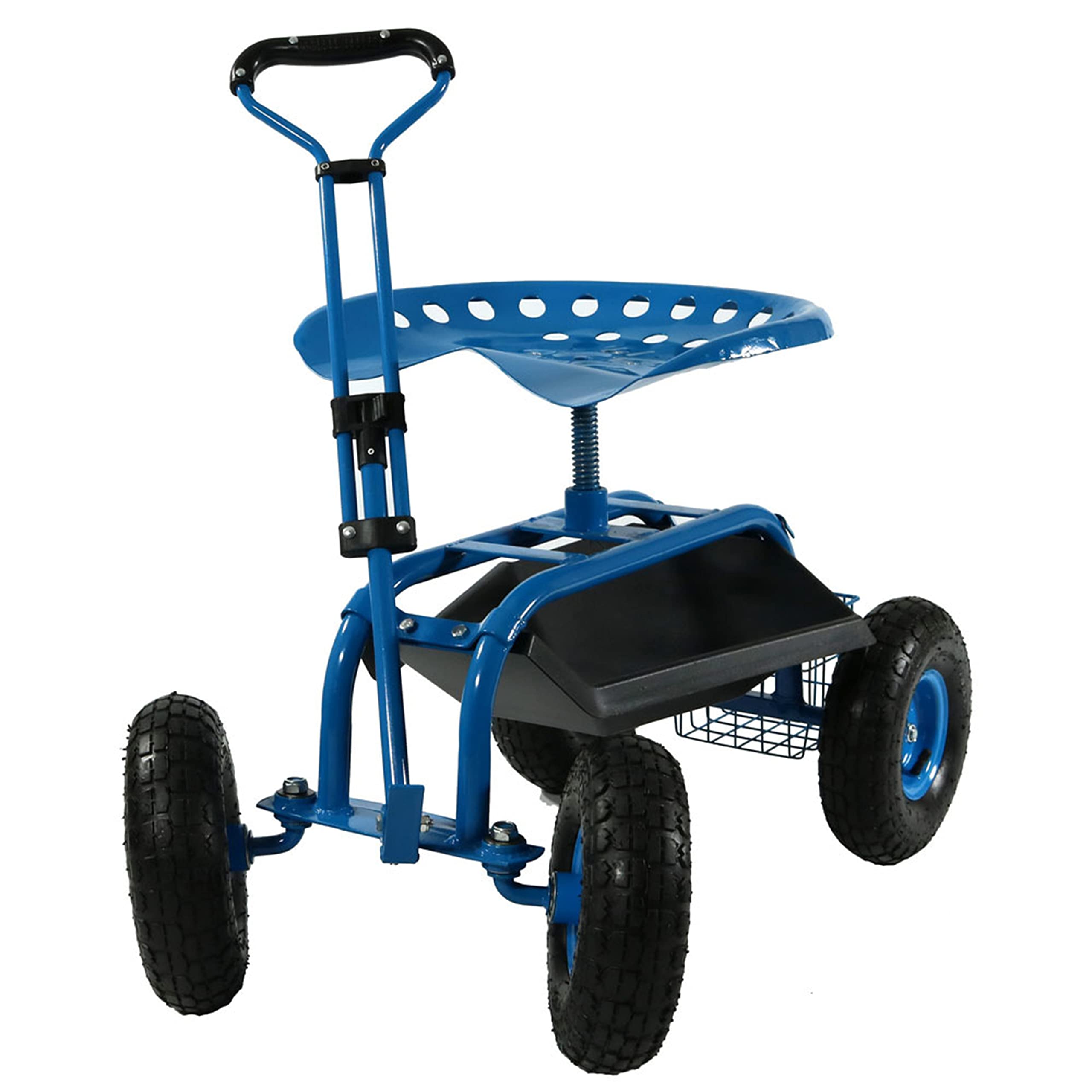 **Sunnydaze Heavy Duty Garden Cart with Extendable Handle & Swivel Seat - Utility Rolling Scooter with Basket for Yard Work, Gardening, and Outdoor Chores - Blue**