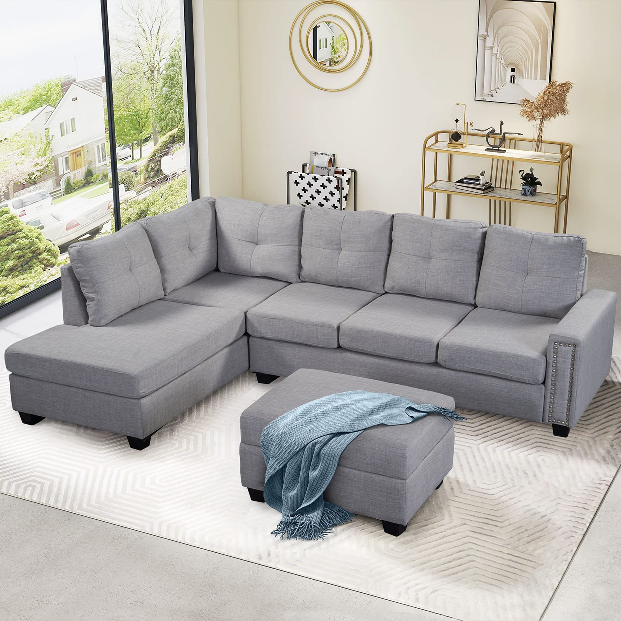 ARYSIEER Modular L-Shaped Sofa with Reversible Design, Cup Holder & Storage Ottoman - Space Saving Living Room Couch for Small Apartments, Dorms - Light Grey Fabric for Modern Home Decor | Perfect for Movie Nights & Entertaining Guests