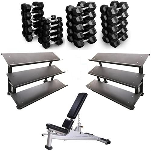 Premium Rubber Hex Dumbbell Set 5-100 lbs with Adjustable Weight Bench & 2 Three-Tier Dumbbell Racks - Home Gym Strength Training Equipment for Full-Body Workouts, CrossFit & Fitness Enthusiasts