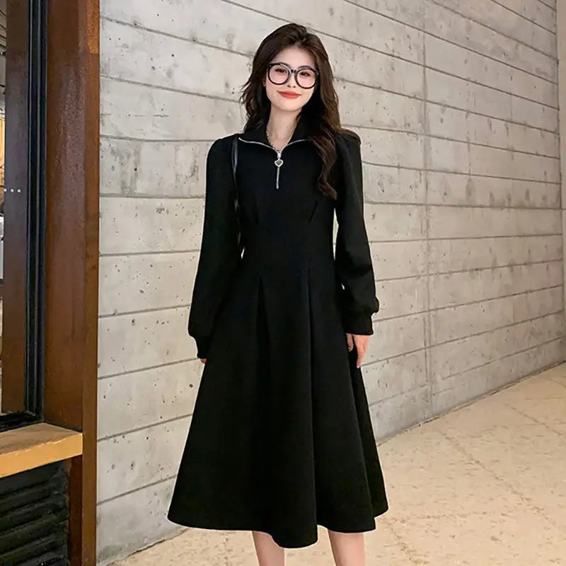 Korean Kpop Black Velvet Sport Dress for Women - Long Sleeve Zip Up Casual Streetwear | School Uniform, Autumn Fashion, Dance Performance Outfit