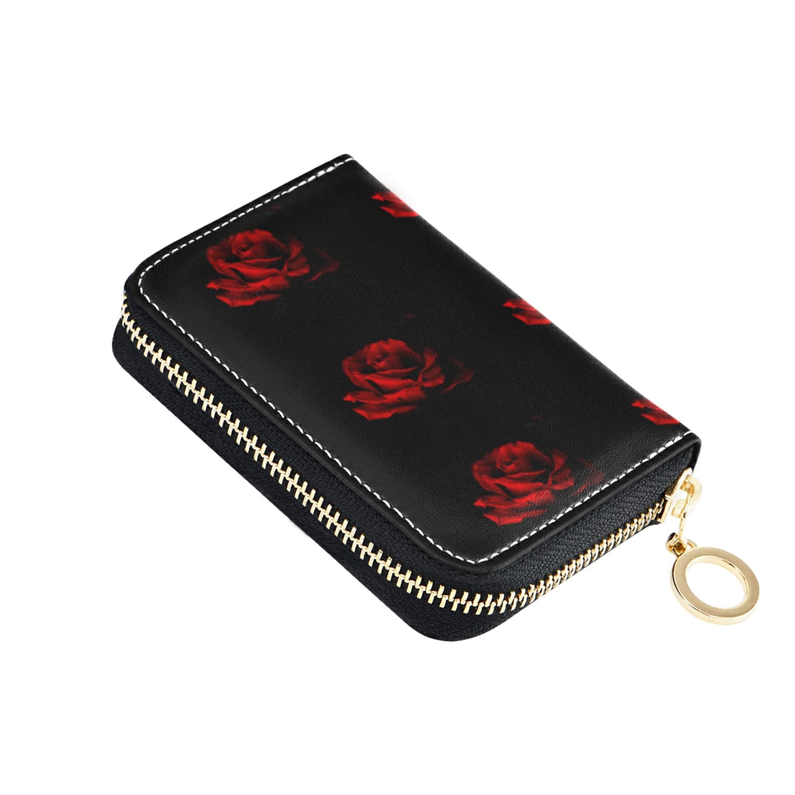 RFID Blocking Leather Card Holder for Women - Compact Grey Credit Card Wallet with Zipper Pouch & Key Organizer (Rose Petal Design on Black Background) - Perfect for Travel, Shopping, and Everyday Essentials